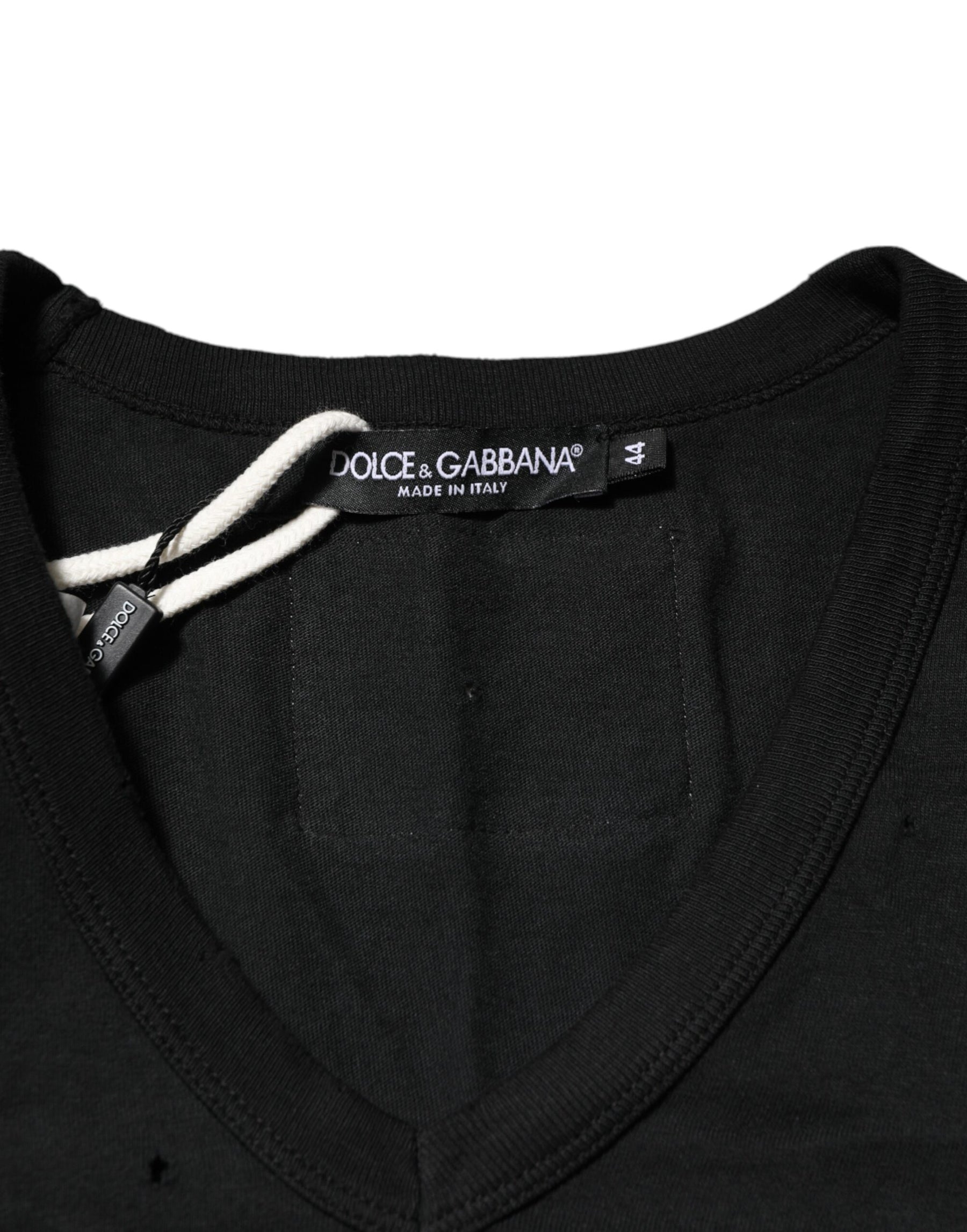 Dolce & Gabbana Black Cotton Tattered Logo V-Neck Men T-shirt | Regal Royce
