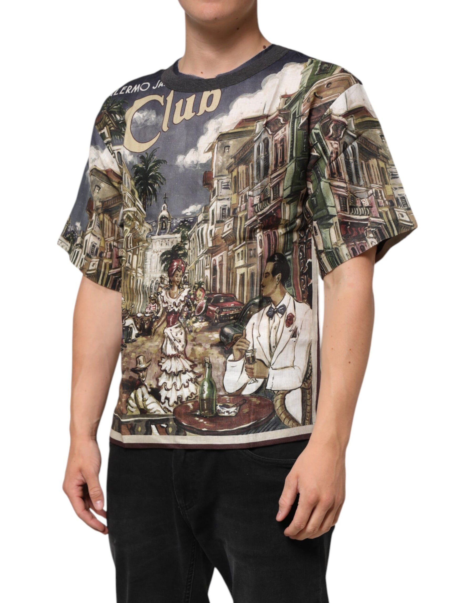 Dolce & Gabbana Palermo Jazz Club Linen Crew Neck Men T-shirt | Regal Royce