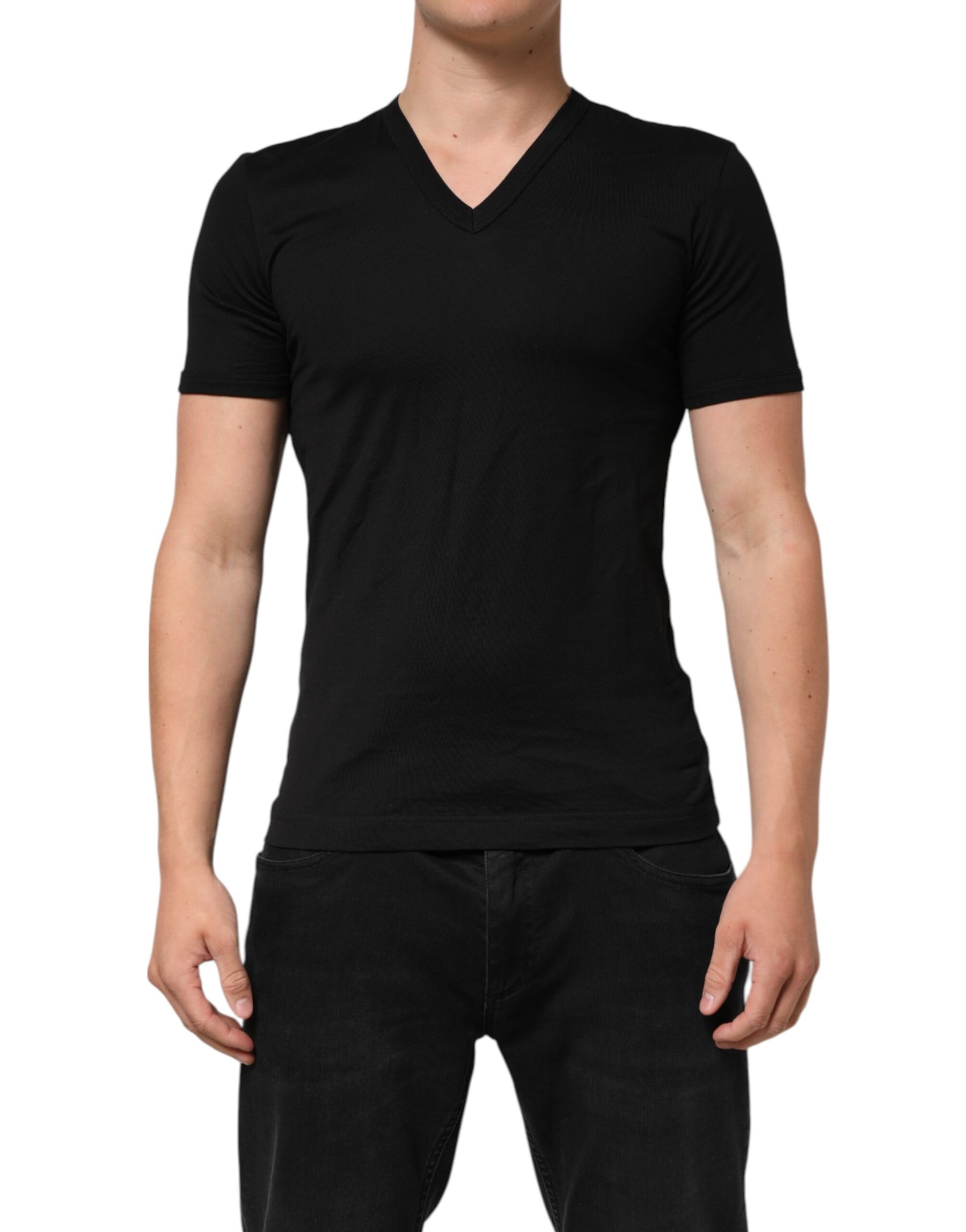 Dolce & Gabbana Black Cotton Plain V-Neck Men Shirt T-shirt | Regal Royce