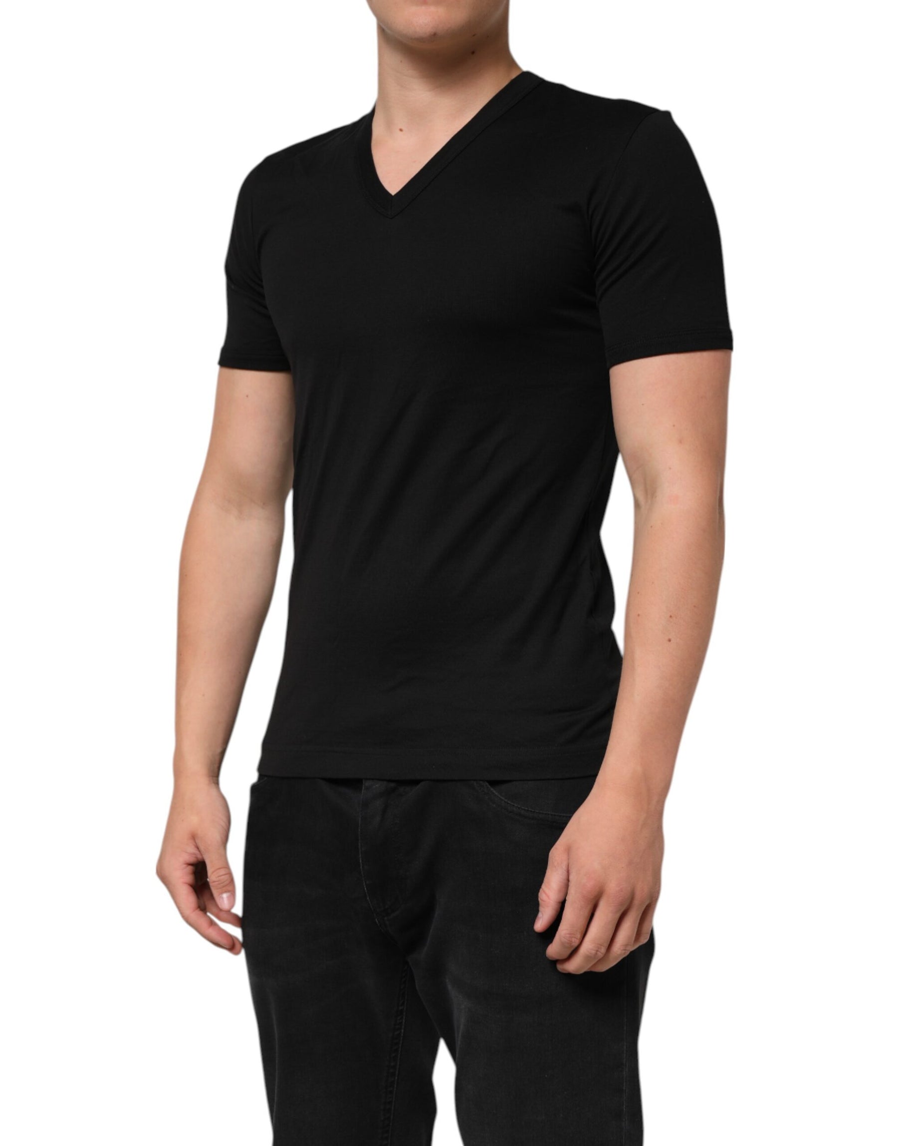 Dolce & Gabbana Black Cotton Plain V-Neck Men Shirt T-shirt | Regal Royce