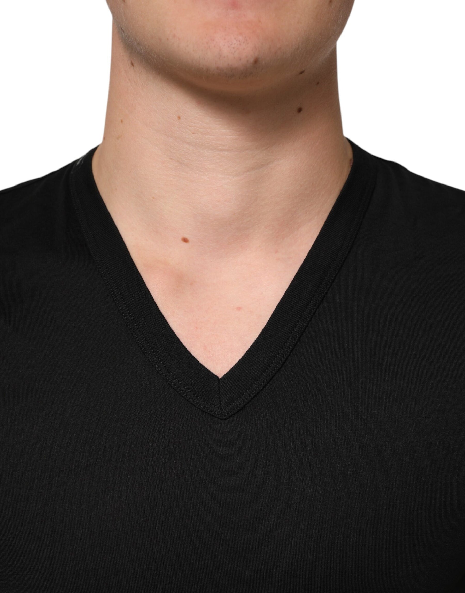 Dolce & Gabbana Black Cotton Plain V-Neck Men Shirt T-shirt | Regal Royce