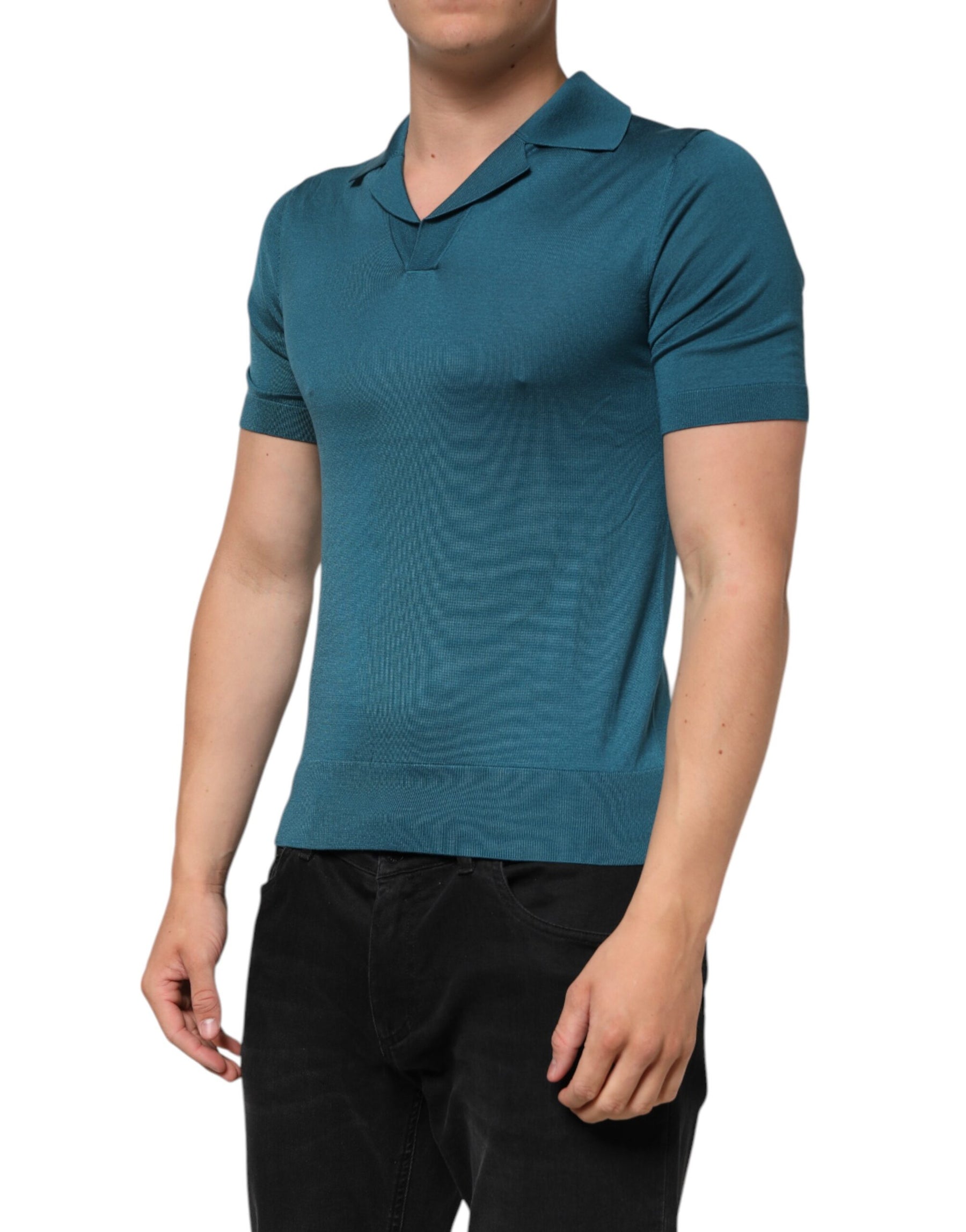 Dolce & Gabbana Teal Blue Silk Collar Short Sleeve Polo T-shirt | Regal Royce