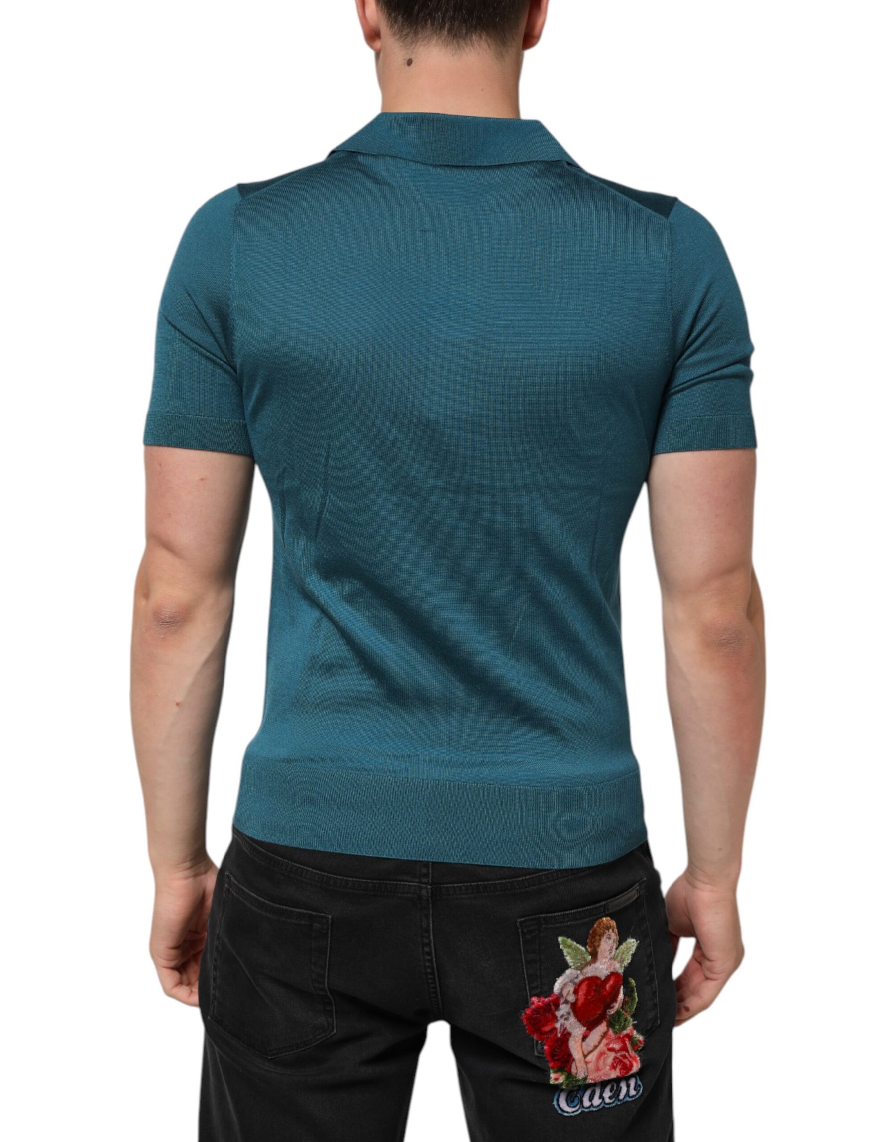 Dolce & Gabbana Teal Blue Silk Collar Short Sleeve Polo T-shirt | Regal Royce