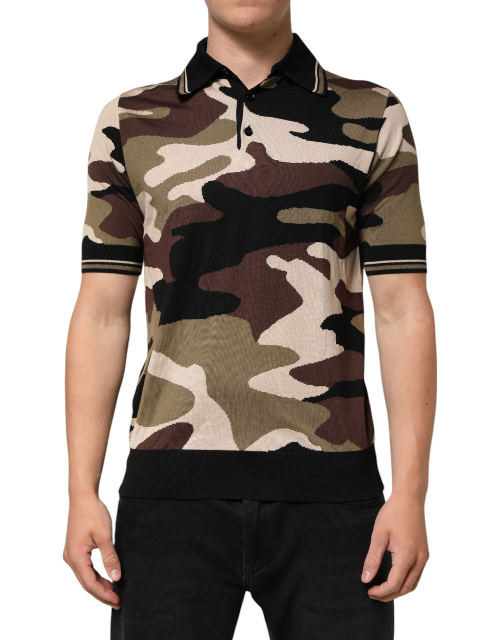 Dolce & Gabbana Camouflage Brown Silk Military Polo T-shirt