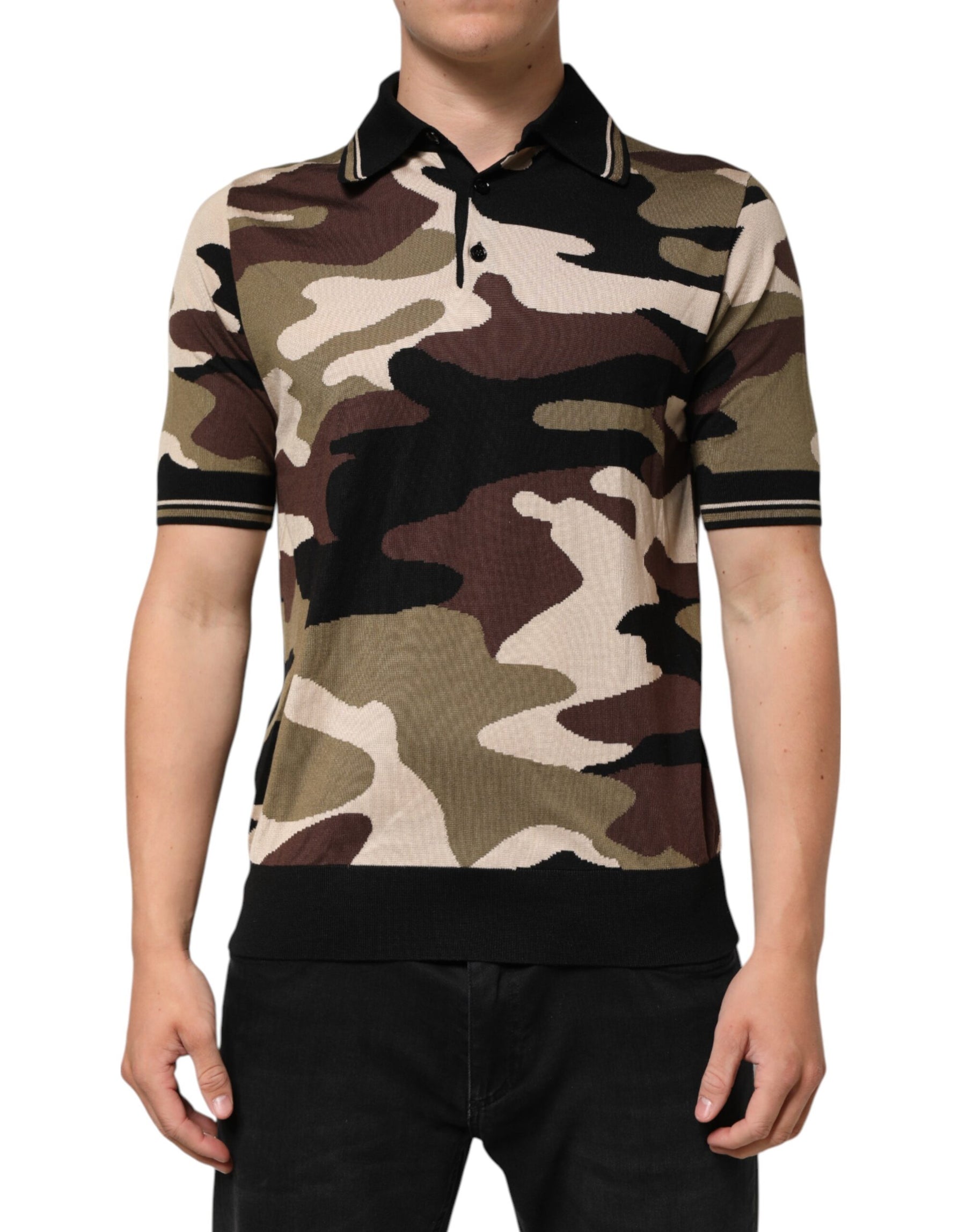 Dolce & Gabbana Camouflage Brown Silk Military Polo T-shirt | Regal Royce