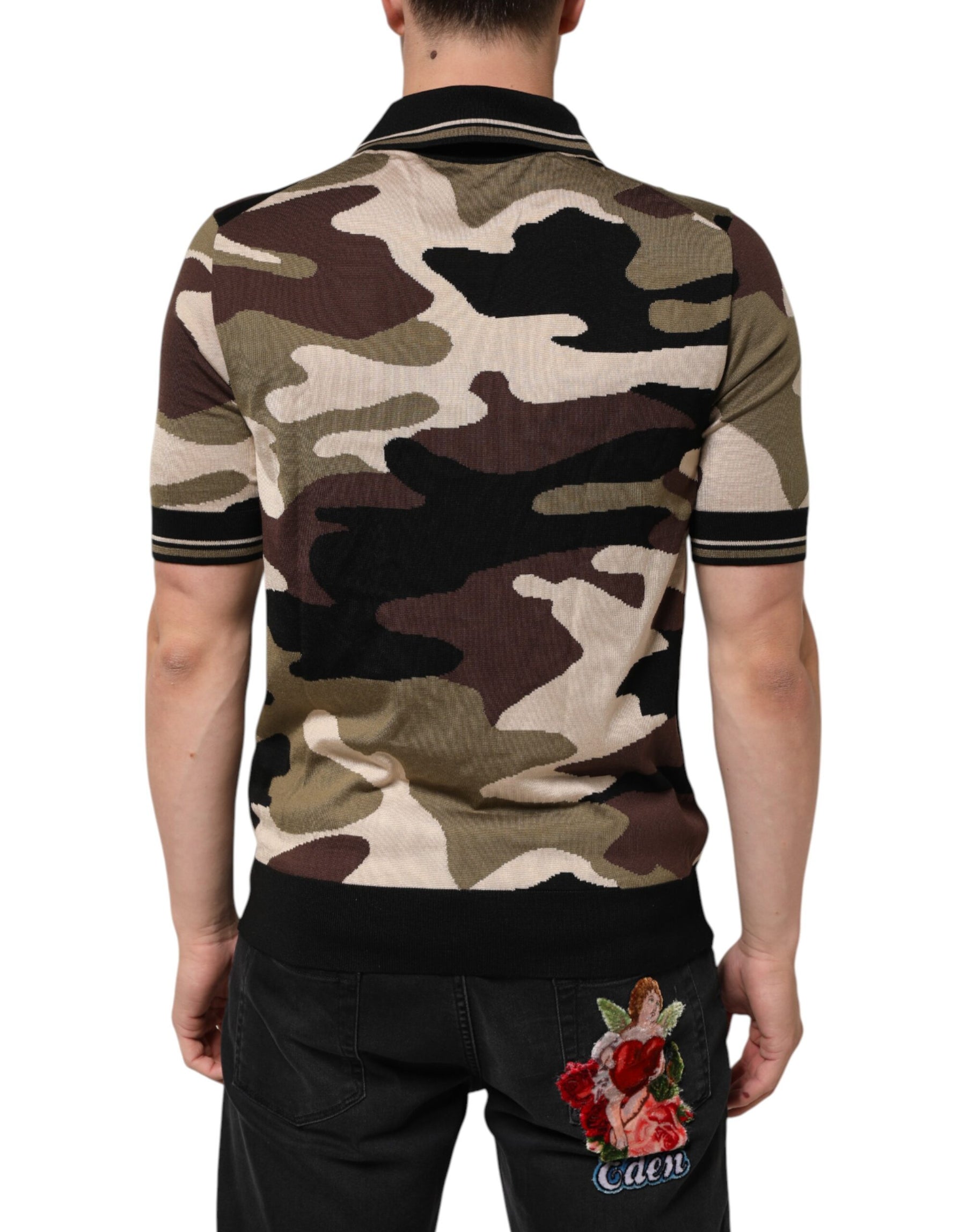 Dolce & Gabbana Camouflage Brown Silk Military Polo T-shirt | Regal Royce