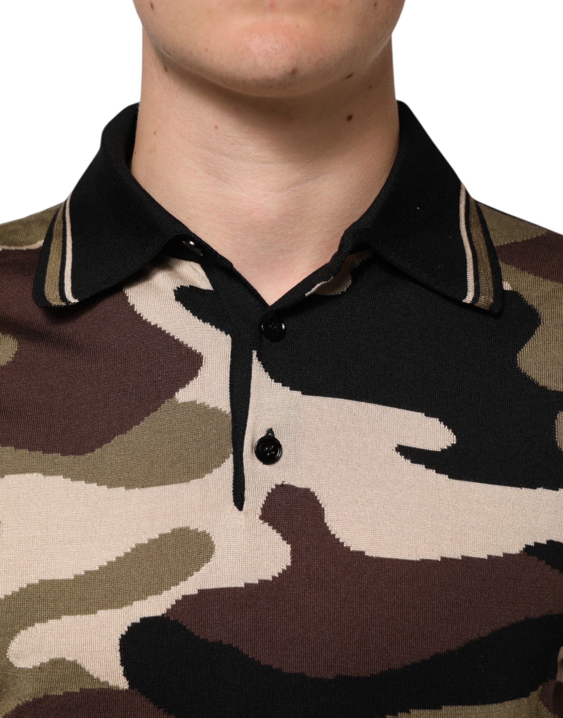 Dolce & Gabbana Camouflage Brown Silk Military Polo T-shirt
