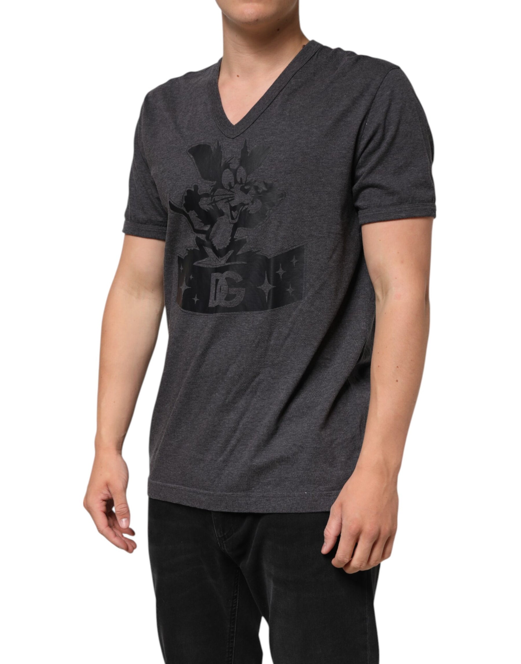 Dolce & Gabbana Black Charcoal DG Logo V-Neck Men T-shirt | Regal Royce