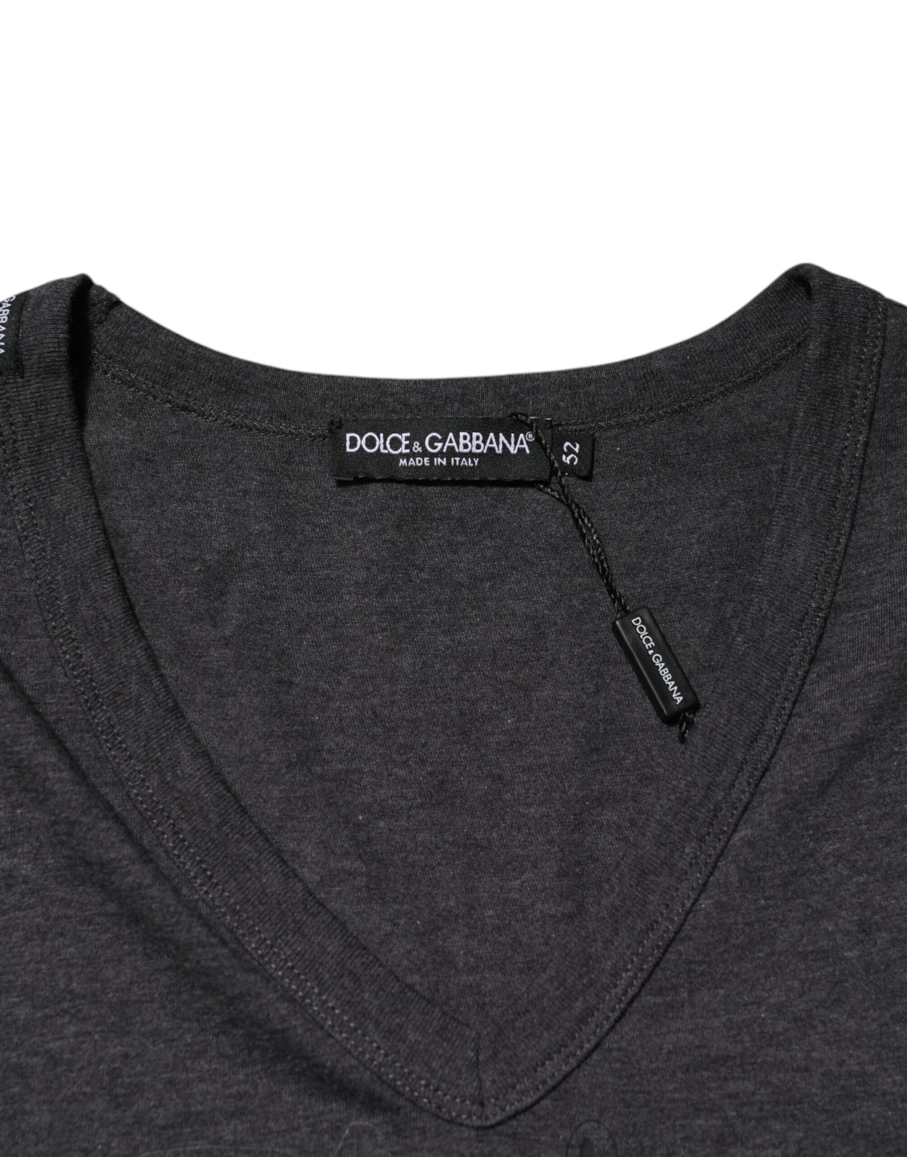 Dolce & Gabbana Black Charcoal DG Logo V-Neck Men T-shirt | Regal Royce