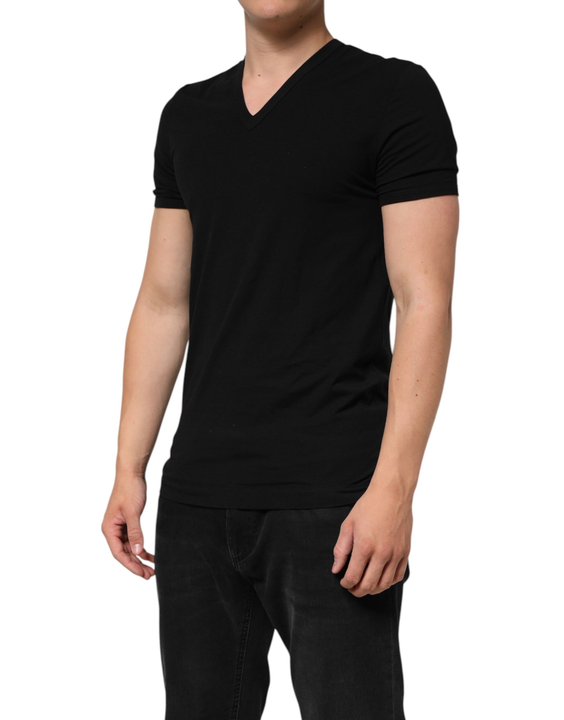 Dolce & Gabbana Black Cotton Slim Fit Men V-Neck Shirt T-shirt | Regal Royce