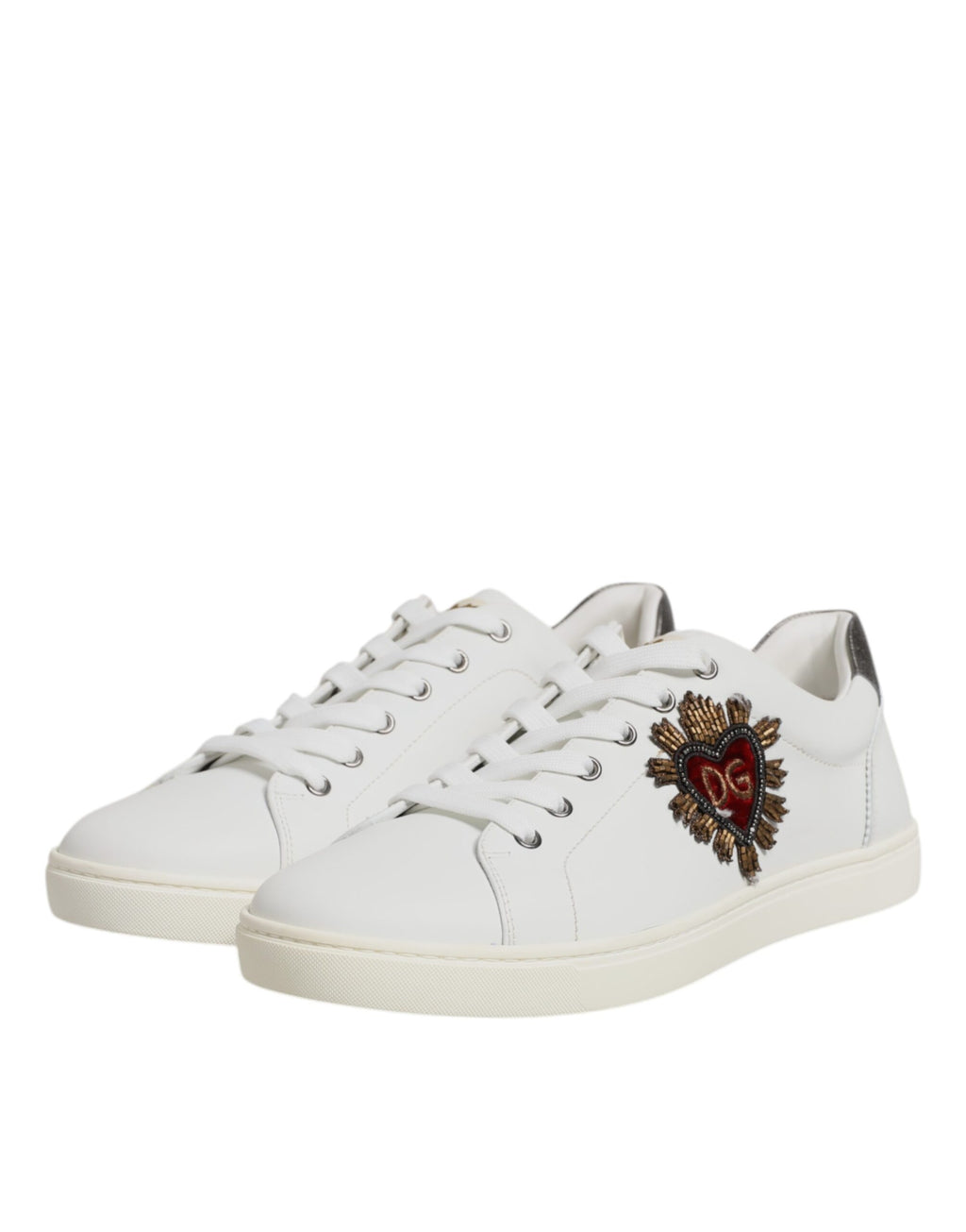 Dolce & Gabbana White Silver Sacred Heart Men Sneakers Shoes