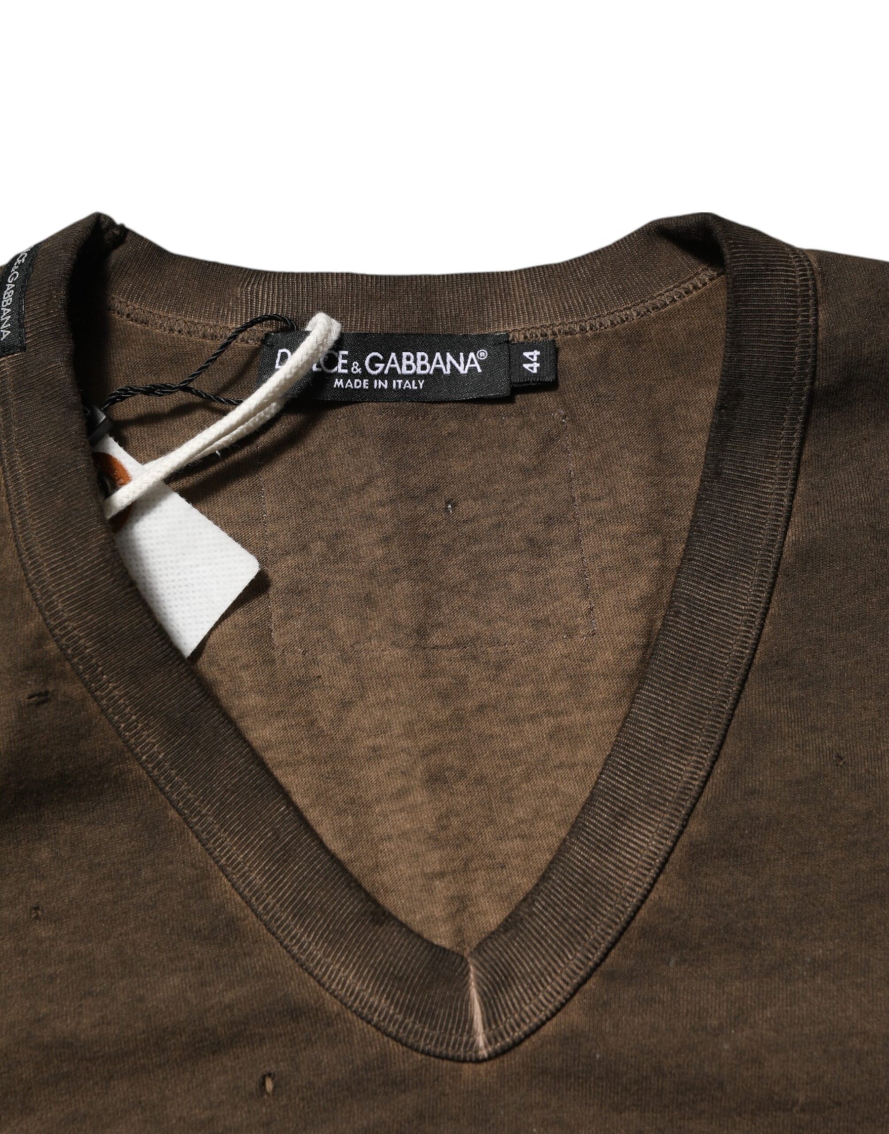 Dolce & Gabbana Dark Brown Cotton Tattered Logo Men T-shirt | Regal Royce