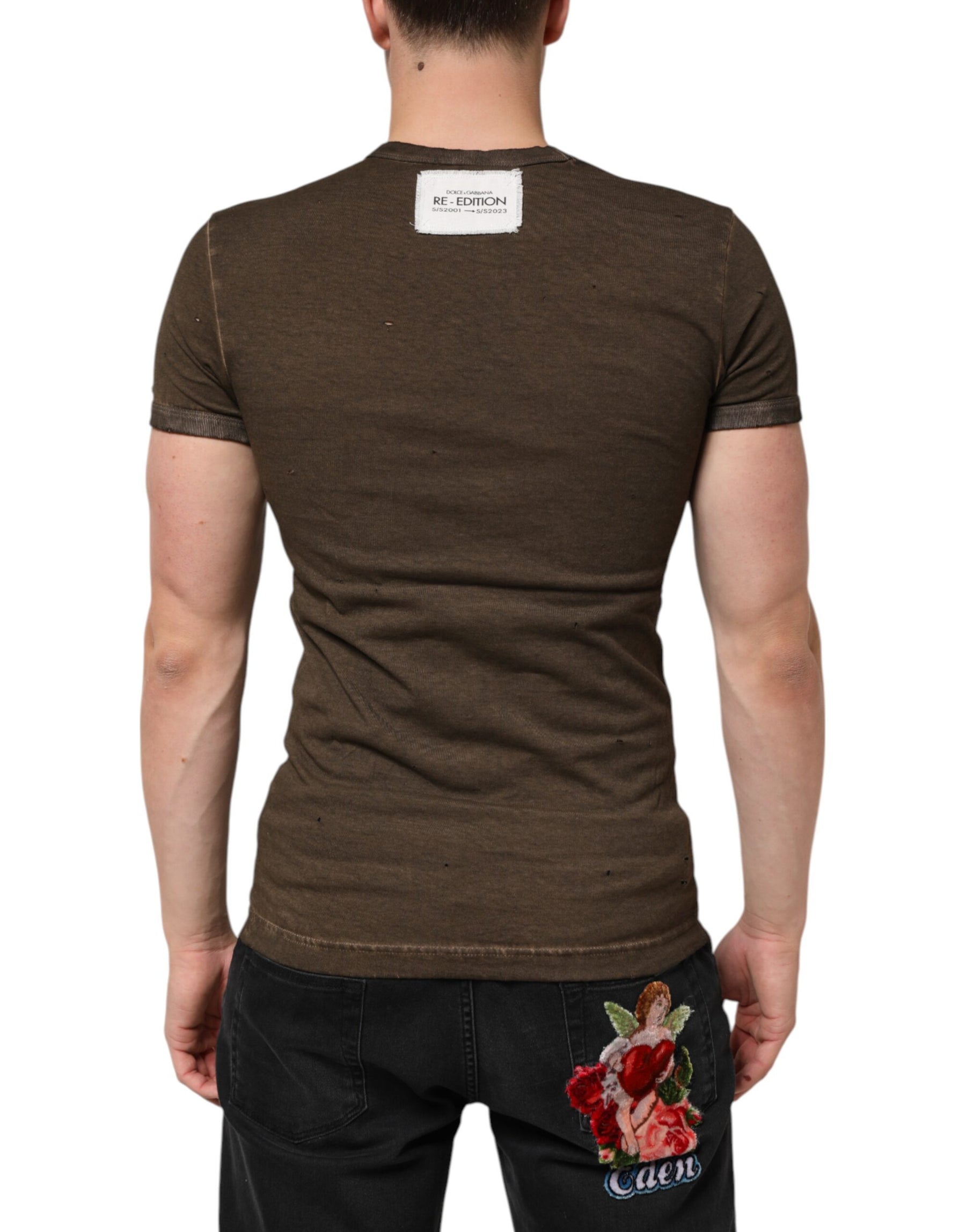 Dolce & Gabbana Dark Brown Cotton Tattered Logo Men T-shirt | Regal Royce