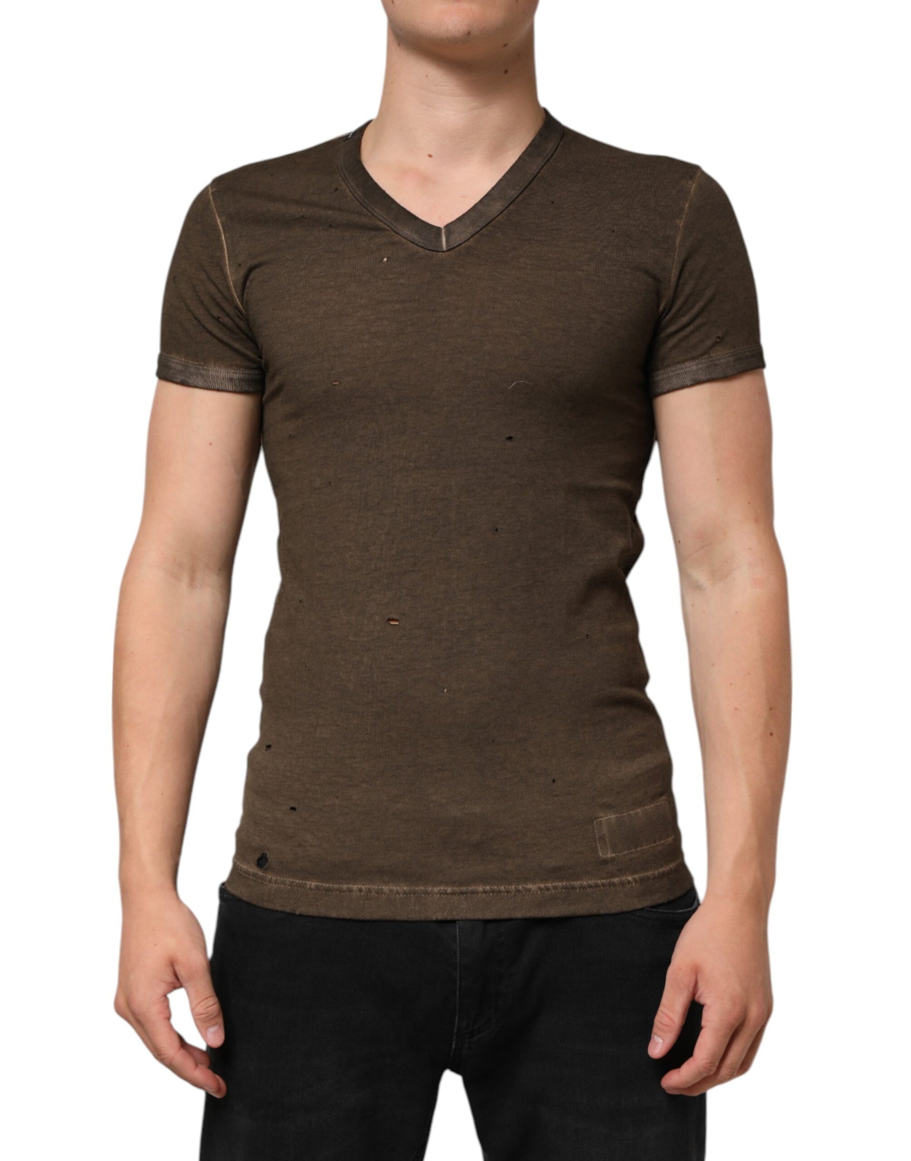 Dolce & Gabbana Dark Brown Cotton Tattered Logo Men T-shirt | Regal Royce