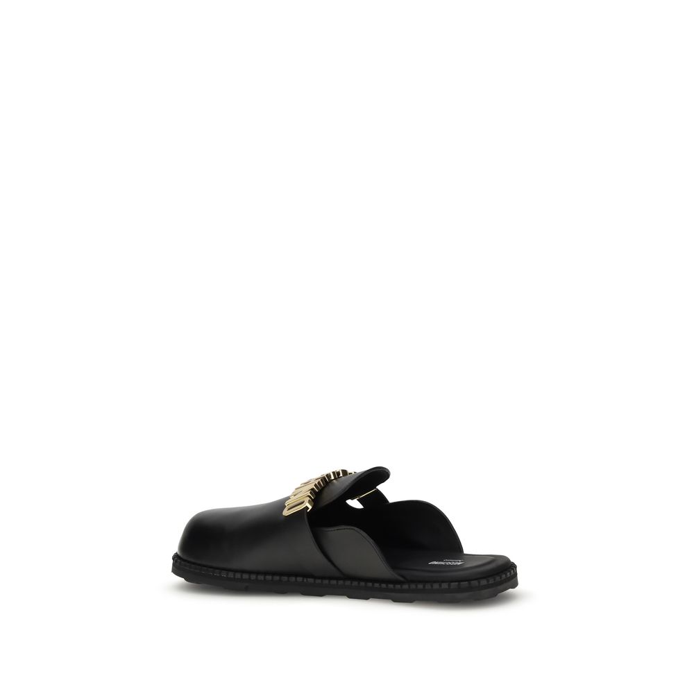 Moschino Black Calf Leather Bos Taurus Mules