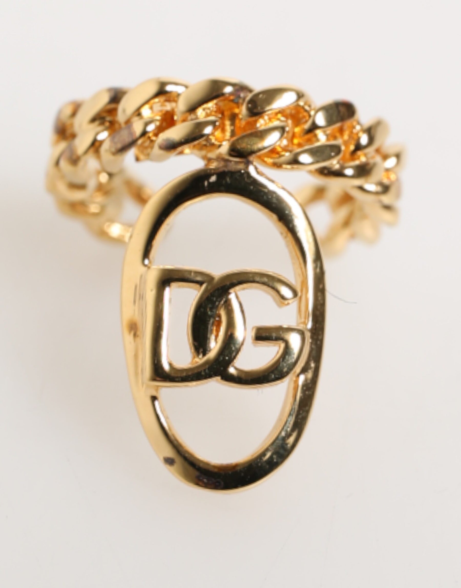 Dolce & Gabbana Gold Tone Brass Oval DG Logo Chain Adjustable Ring | Regal Royce