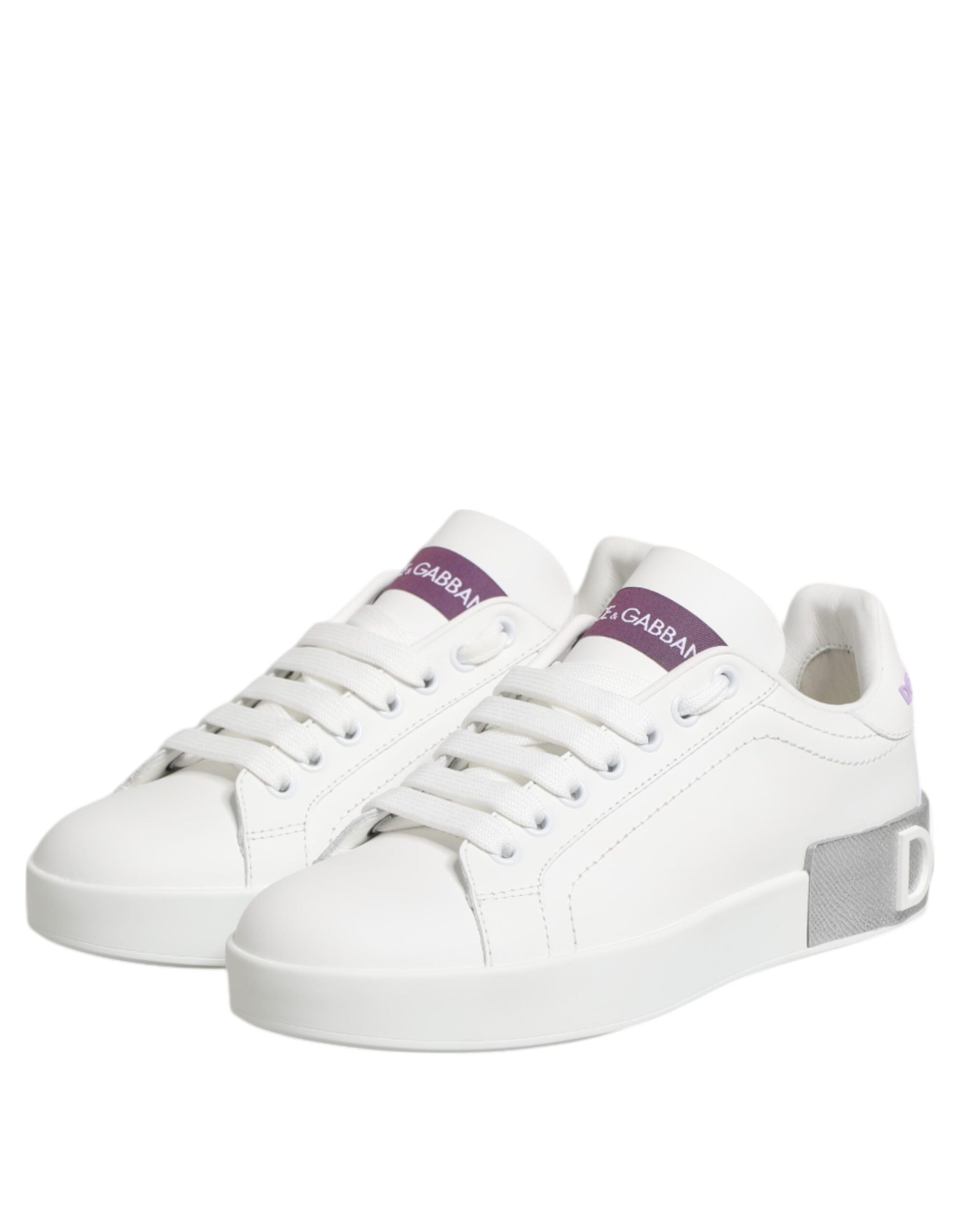 Dolce & Gabbana White Purple Leather Low Top Sneakers Shoes | Regal Royce
