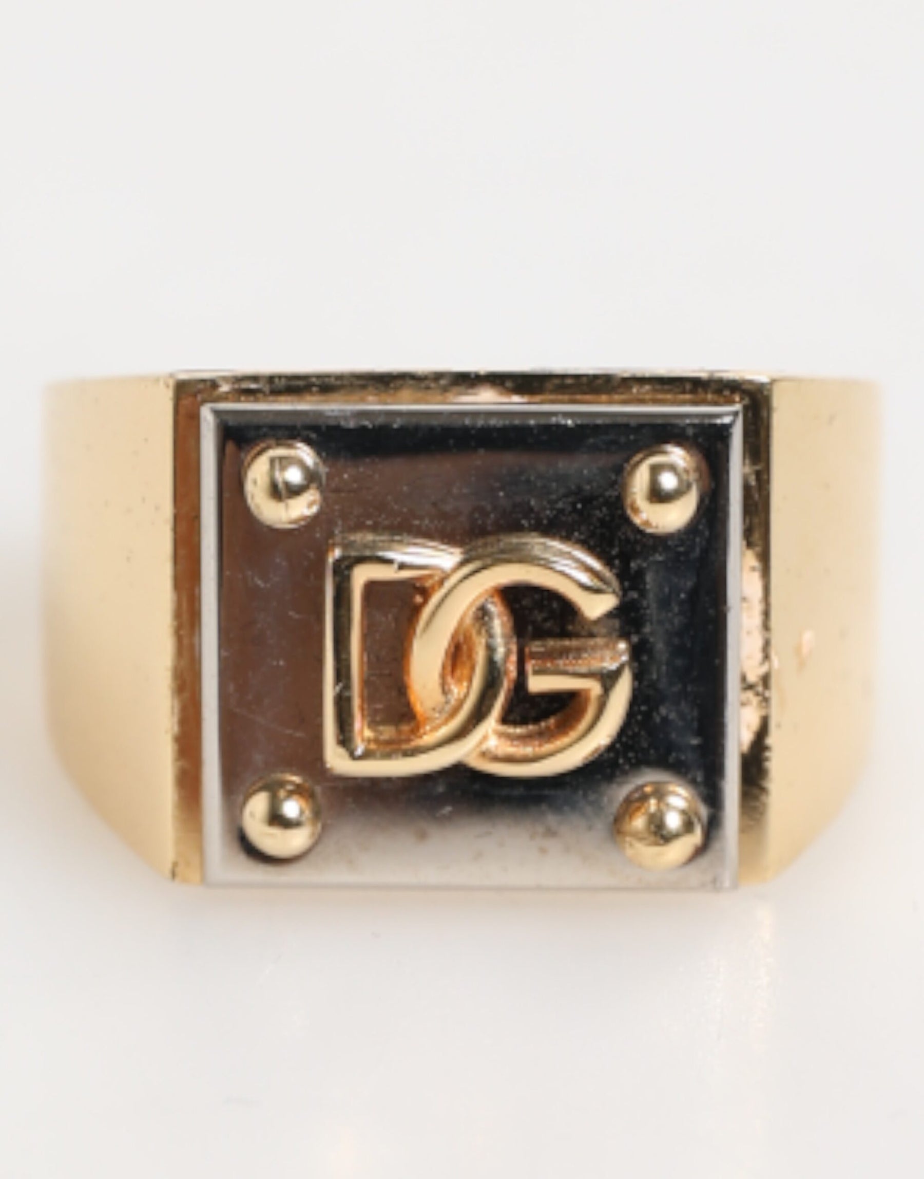 Dolce & Gabbana Gold Tone Brass Signet Square DG Logo Plaque Men Ring | Regal Royce