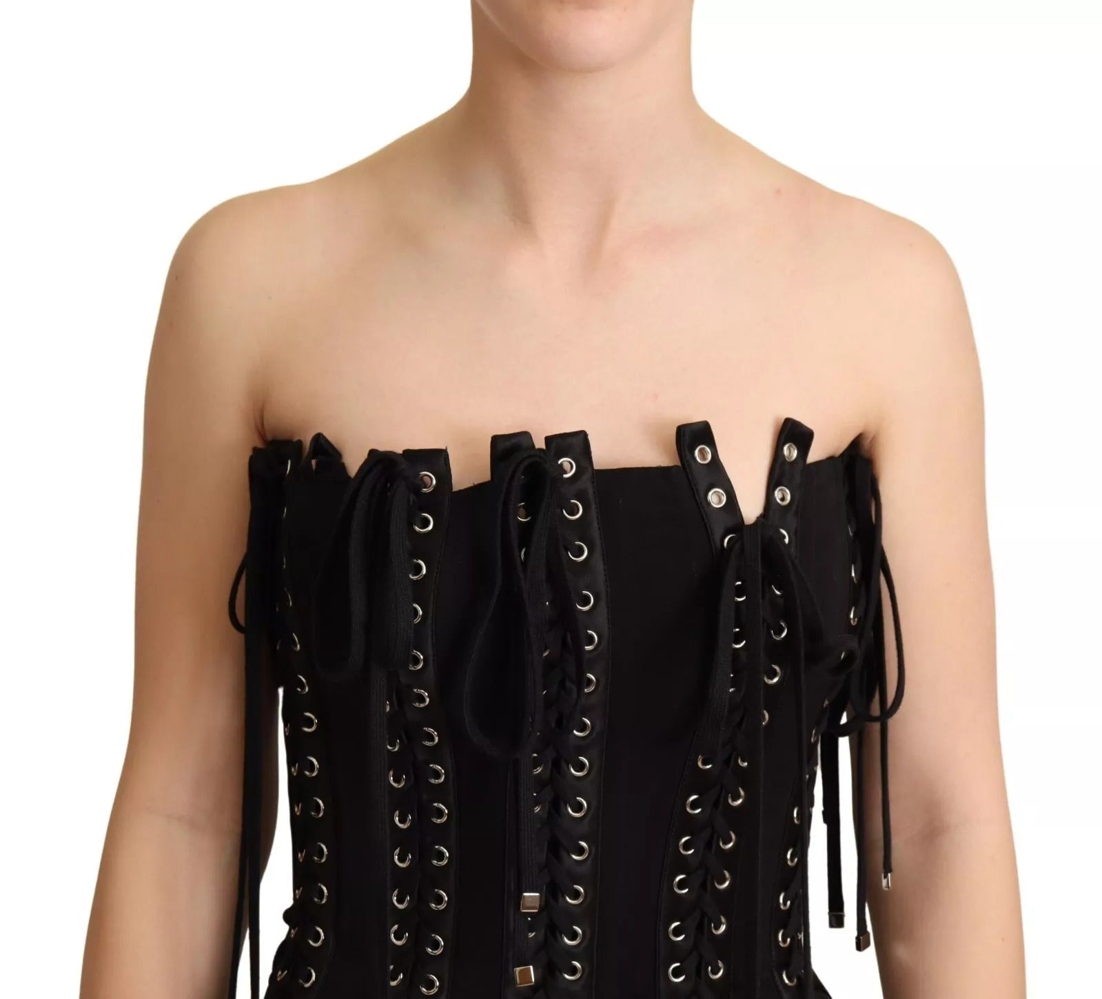 Dolce & Gabbana Black Cady Sleeveless Lace Up Bodycon Dress | Regal Royce