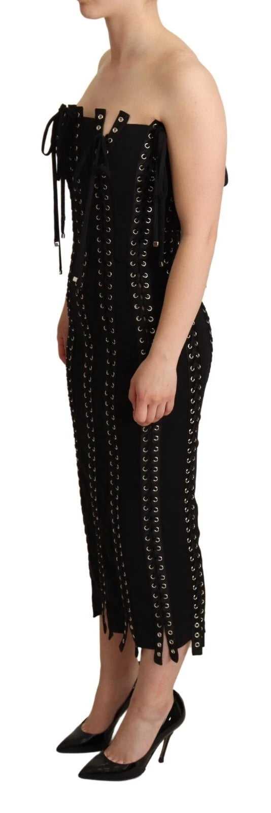 Dolce & Gabbana Black Cady Sleeveless Lace Up Bodycon Dress | Regal Royce