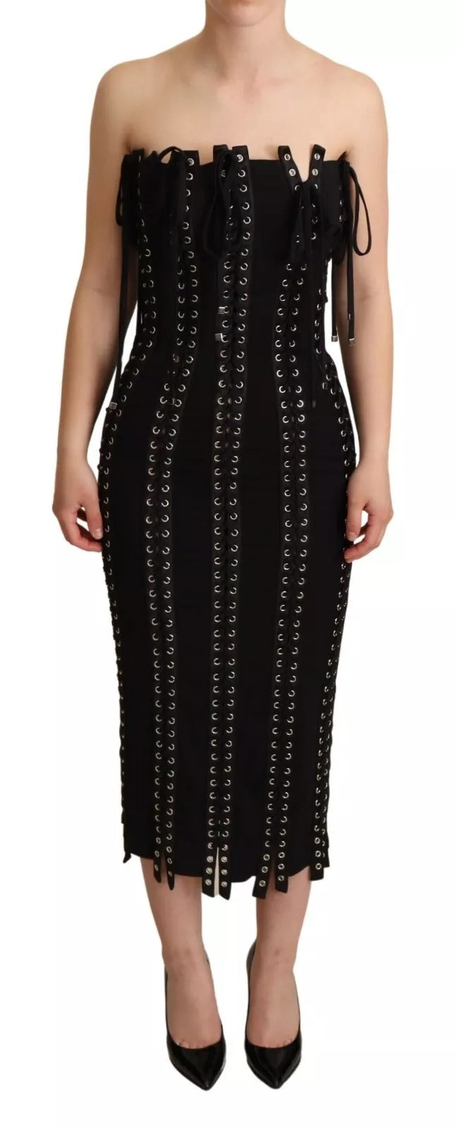 Dolce & Gabbana Black Cady Sleeveless Lace Up Bodycon Dress | Regal Royce