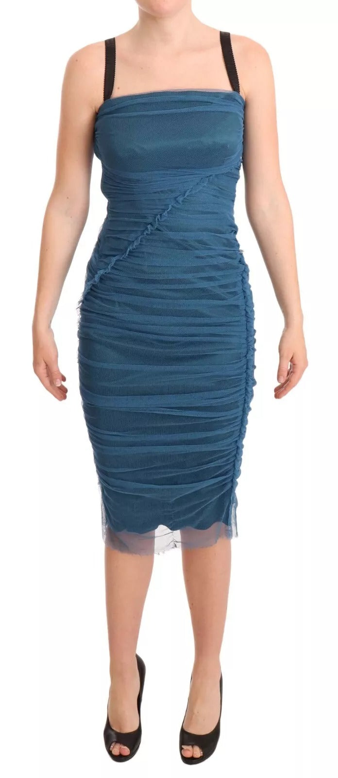 Dolce & Gabbana Blue Mesh Trim Ruched Tulle Sheath Dress | Regal Royce