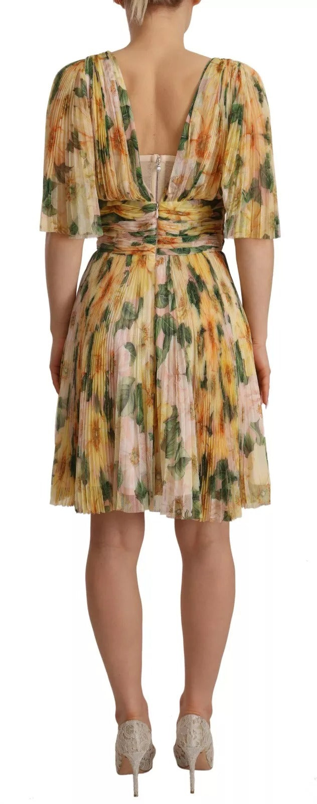 Dolce & Gabbana Yellow Floral Print Pleated Maxi Dress | Regal Royce