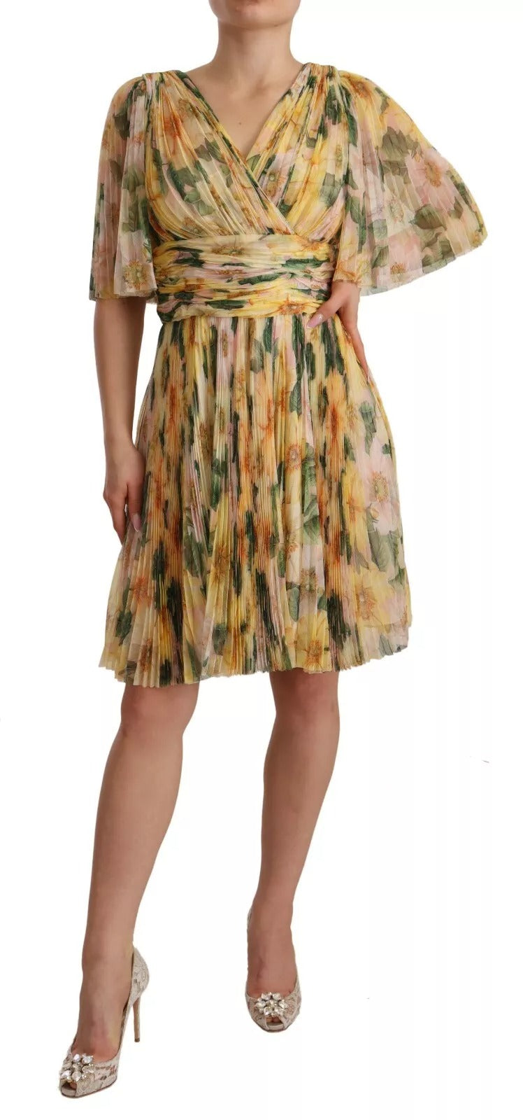 Dolce & Gabbana Yellow Floral Print Pleated Maxi Dress | Regal Royce
