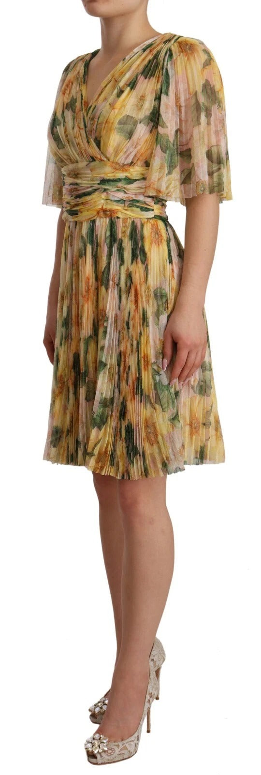 Dolce & Gabbana Yellow Floral Print Pleated Maxi Dress | Regal Royce