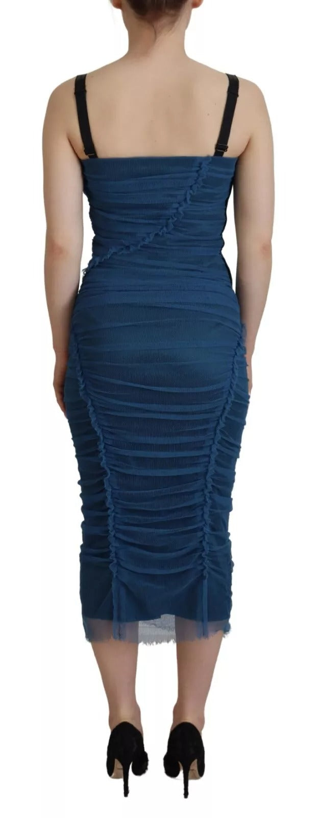 Dolce & Gabbana Blue Mesh Trim Ruched Tulle Sheath Dress | Regal Royce