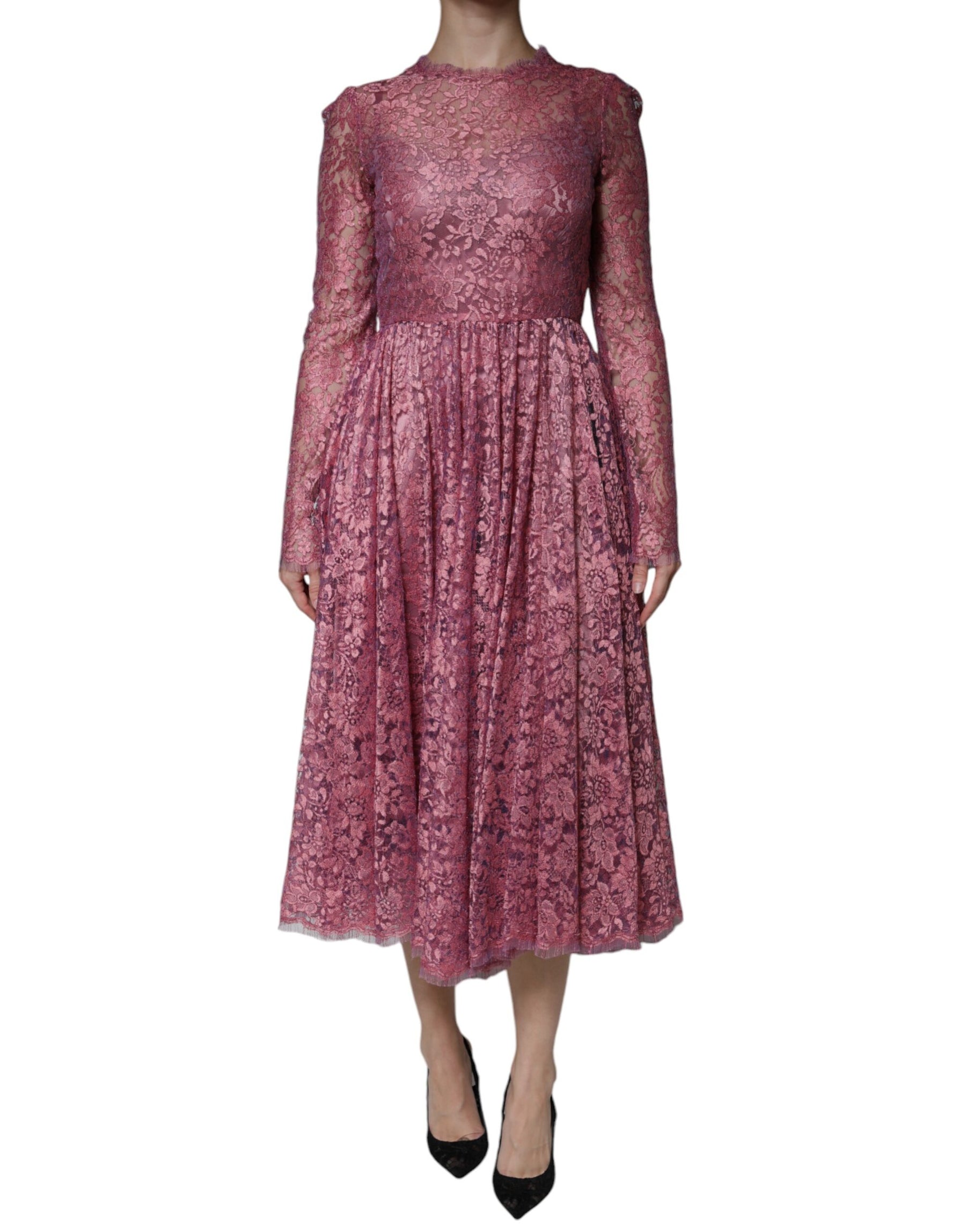 Dolce & Gabbana Pink Floral Lace Long Sleeve Midi Dress | Regal Royce