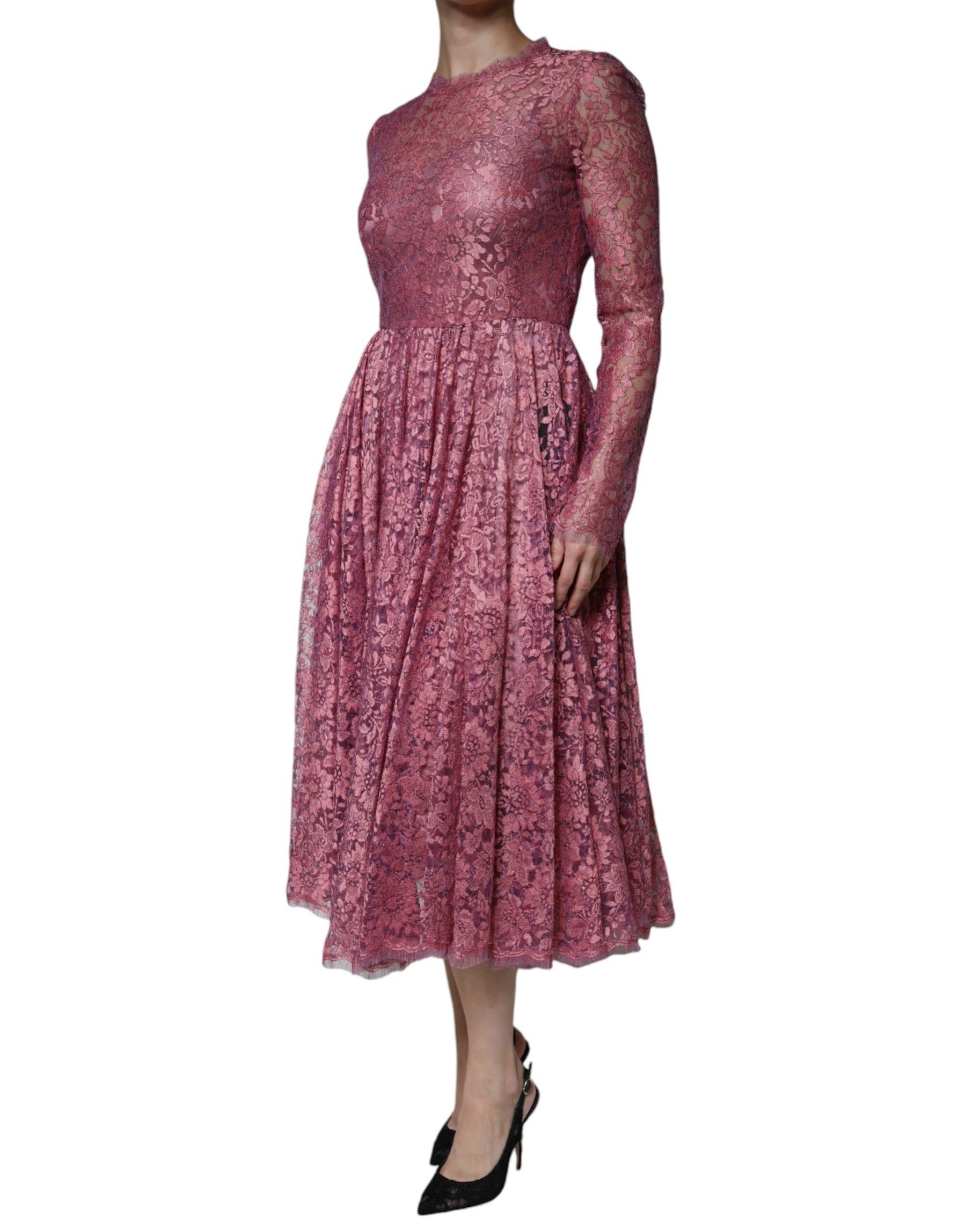 Dolce & Gabbana Pink Floral Lace Long Sleeve Midi Dress | Regal Royce