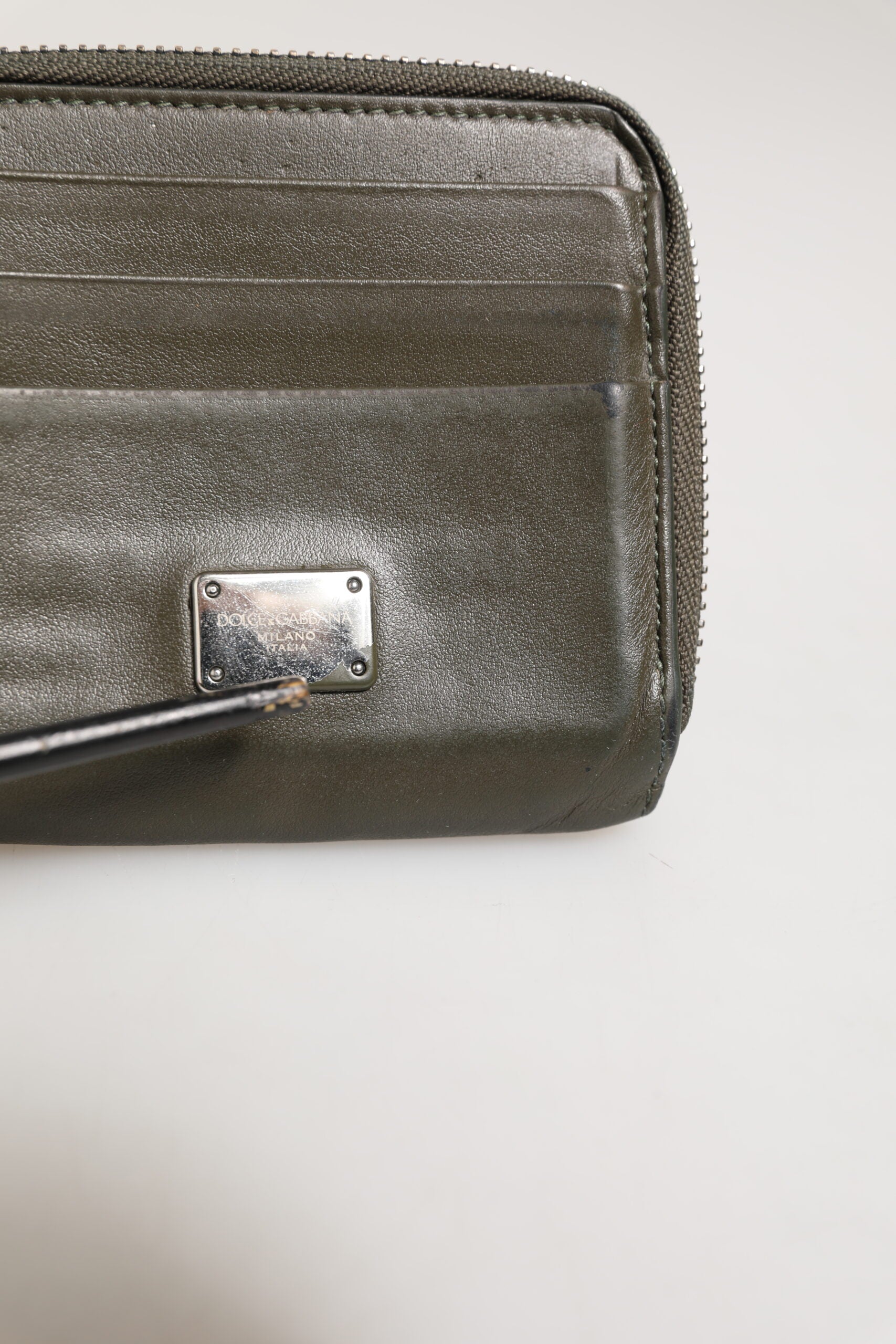 Dolce & Gabbana Military Green Leather Logo Plaque Card Holder Coin Purse Wallet | Regal Royce