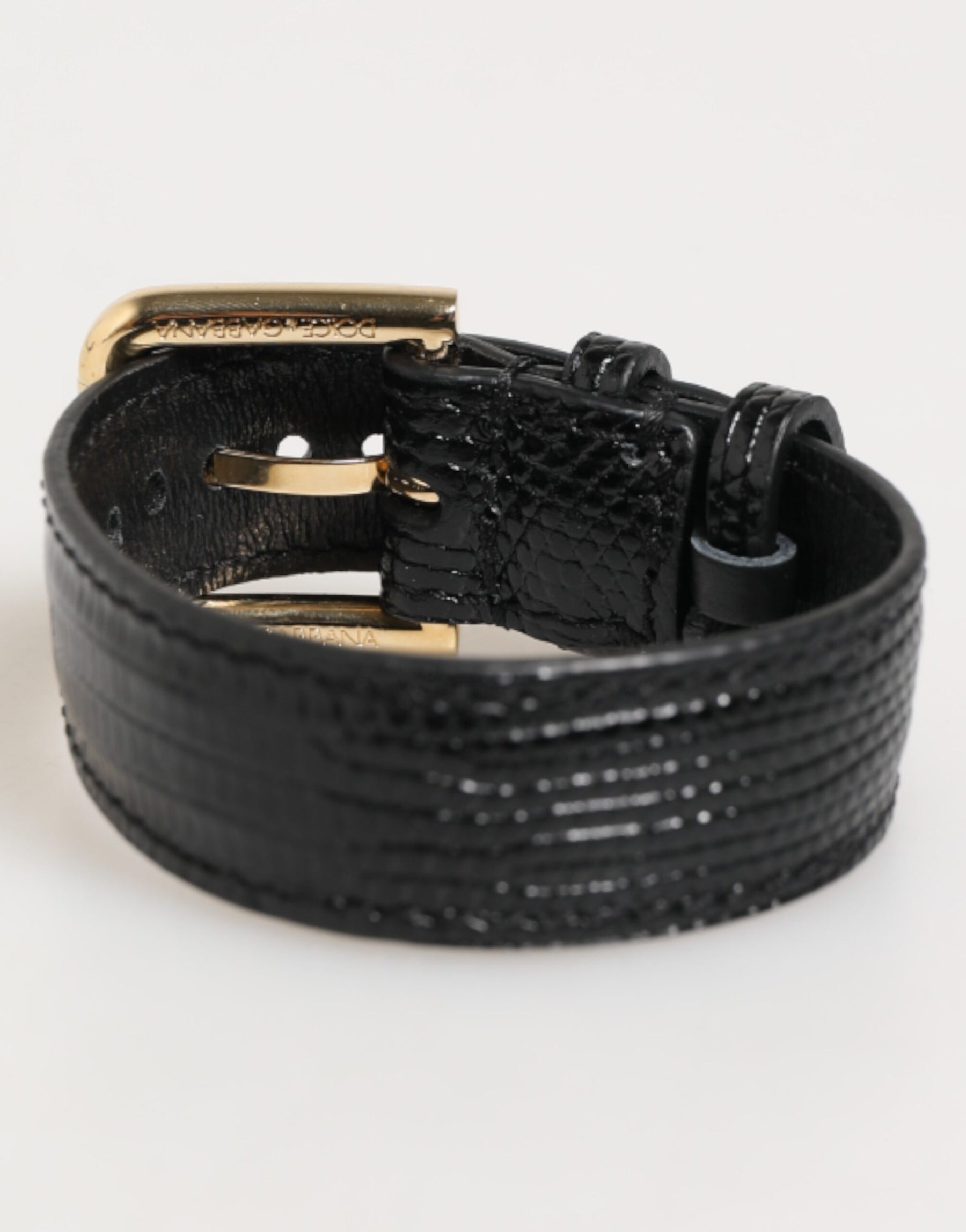 Dolce & Gabbana Black Embossed Leather Gold Buckle Belt Strap Bracelet | Regal Royce
