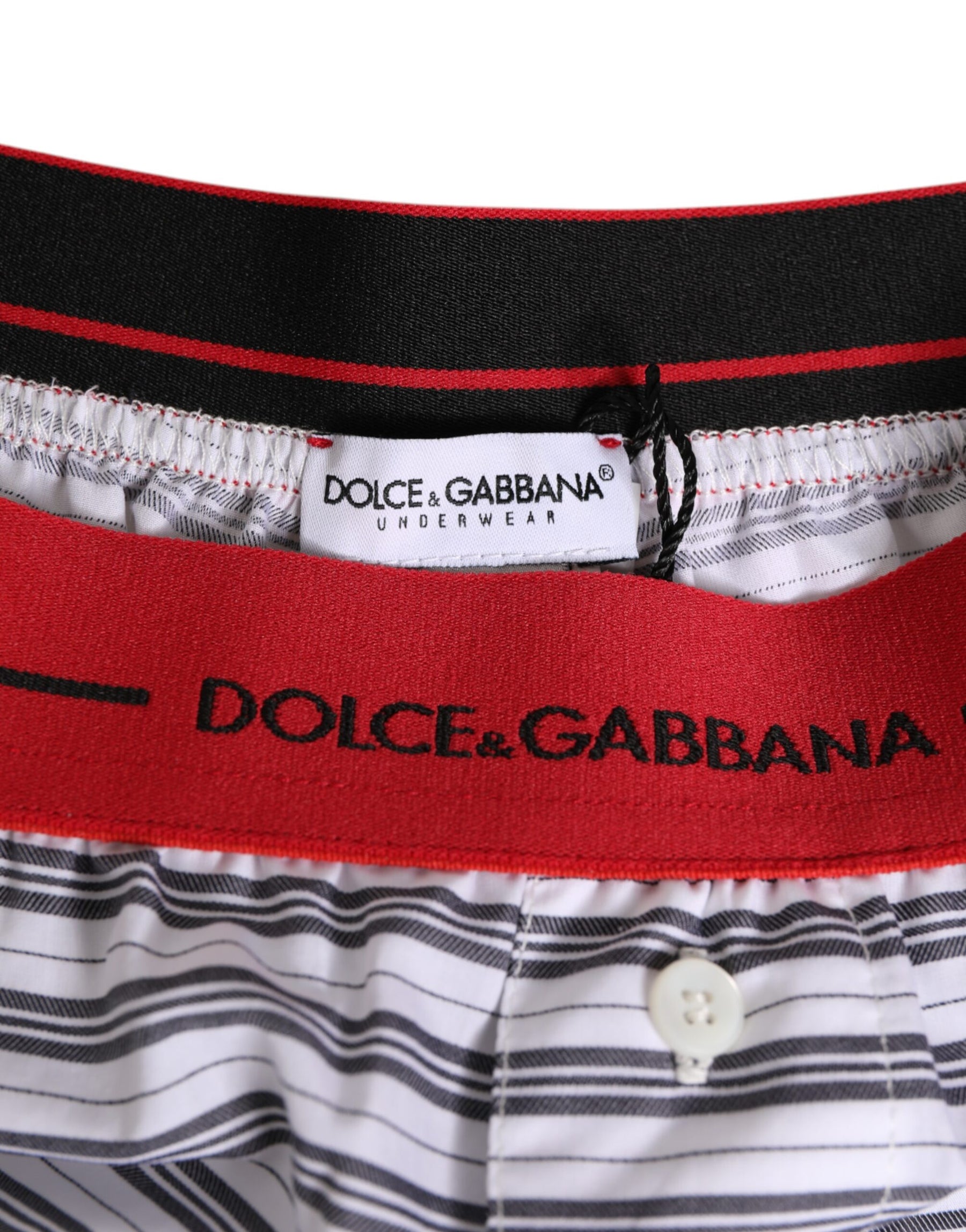 Dolce & Gabbana White Striped Cotton Red Waistband Shorts Swimwear | Regal Royce