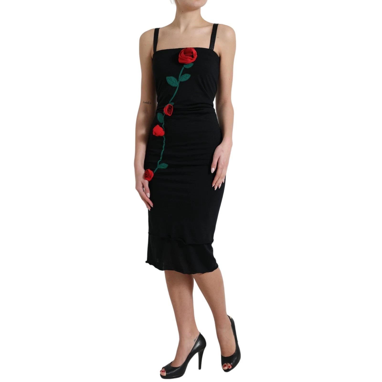 Dolce & Gabbana Black Wool Sleeveless Rose Applique Dress | Regal Royce
