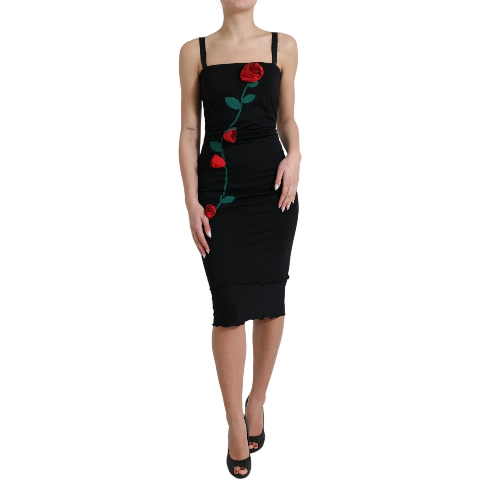 Dolce & Gabbana Black Wool Sleeveless Rose Applique Dress | Regal Royce