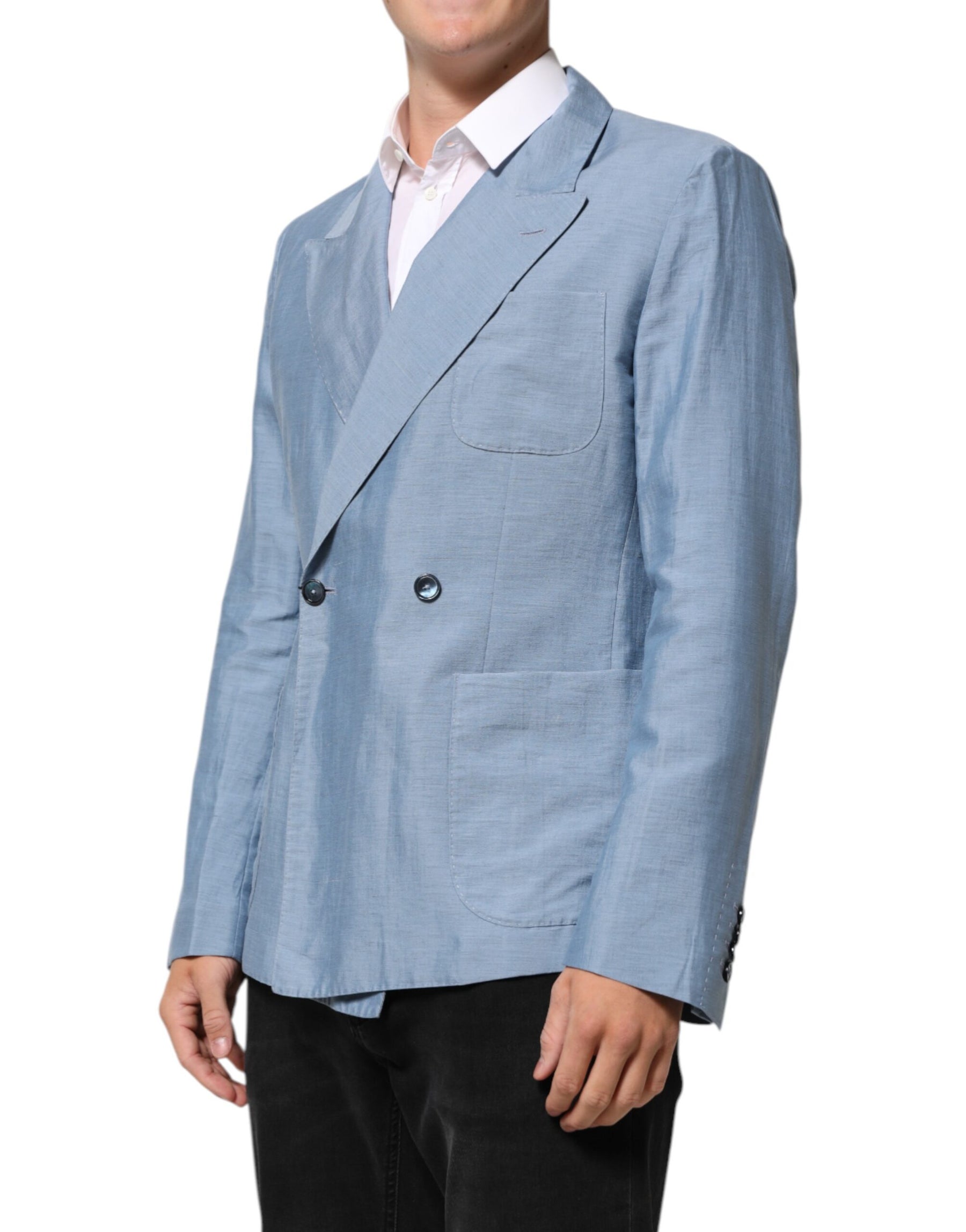 Dolce & Gabbana Light Blue Linen Double Breasted Men Jacket Blazer | Regal Royce