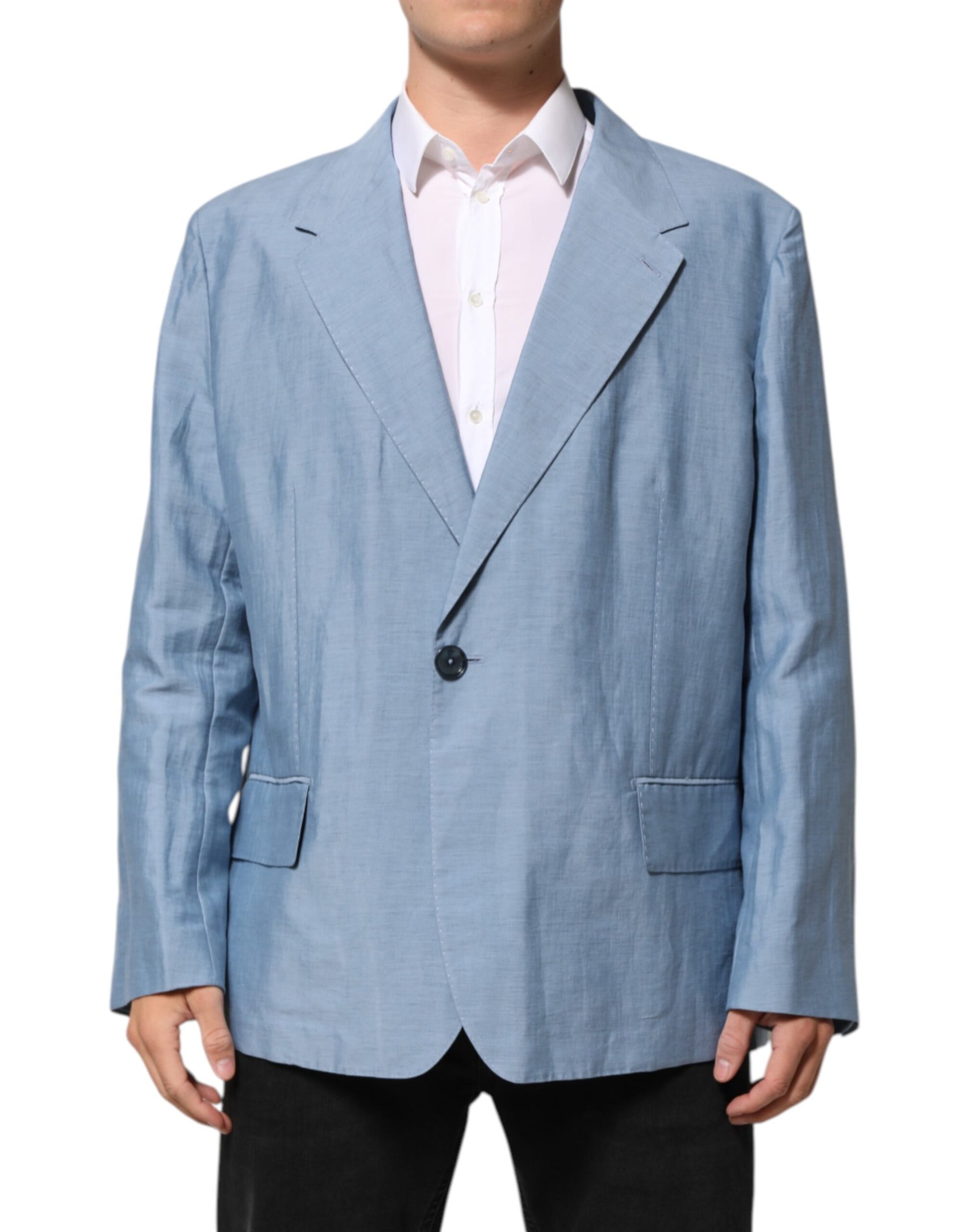 Dolce & Gabbana Light Blue Linen Double Breasted Men Jacket Blazer | Regal Royce