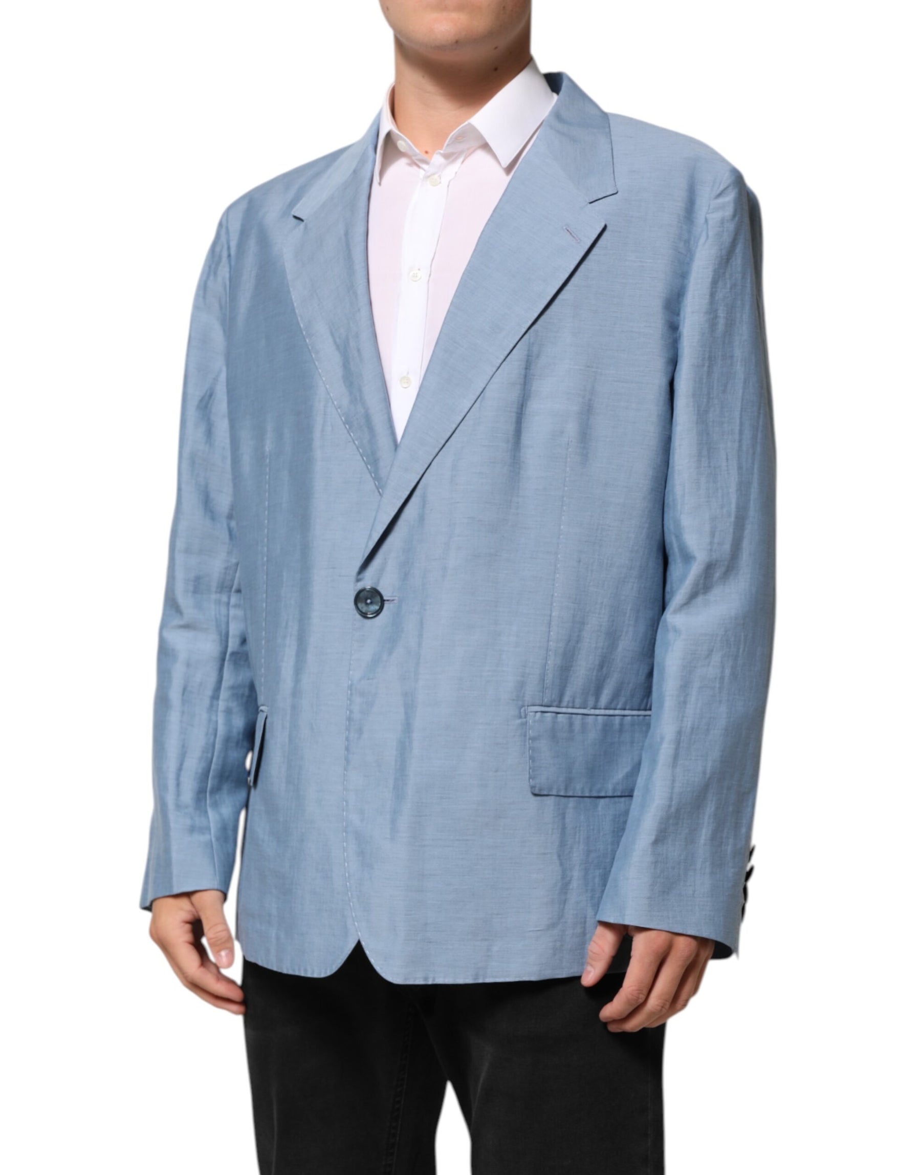 Dolce & Gabbana Light Blue Linen Double Breasted Men Jacket Blazer | Regal Royce