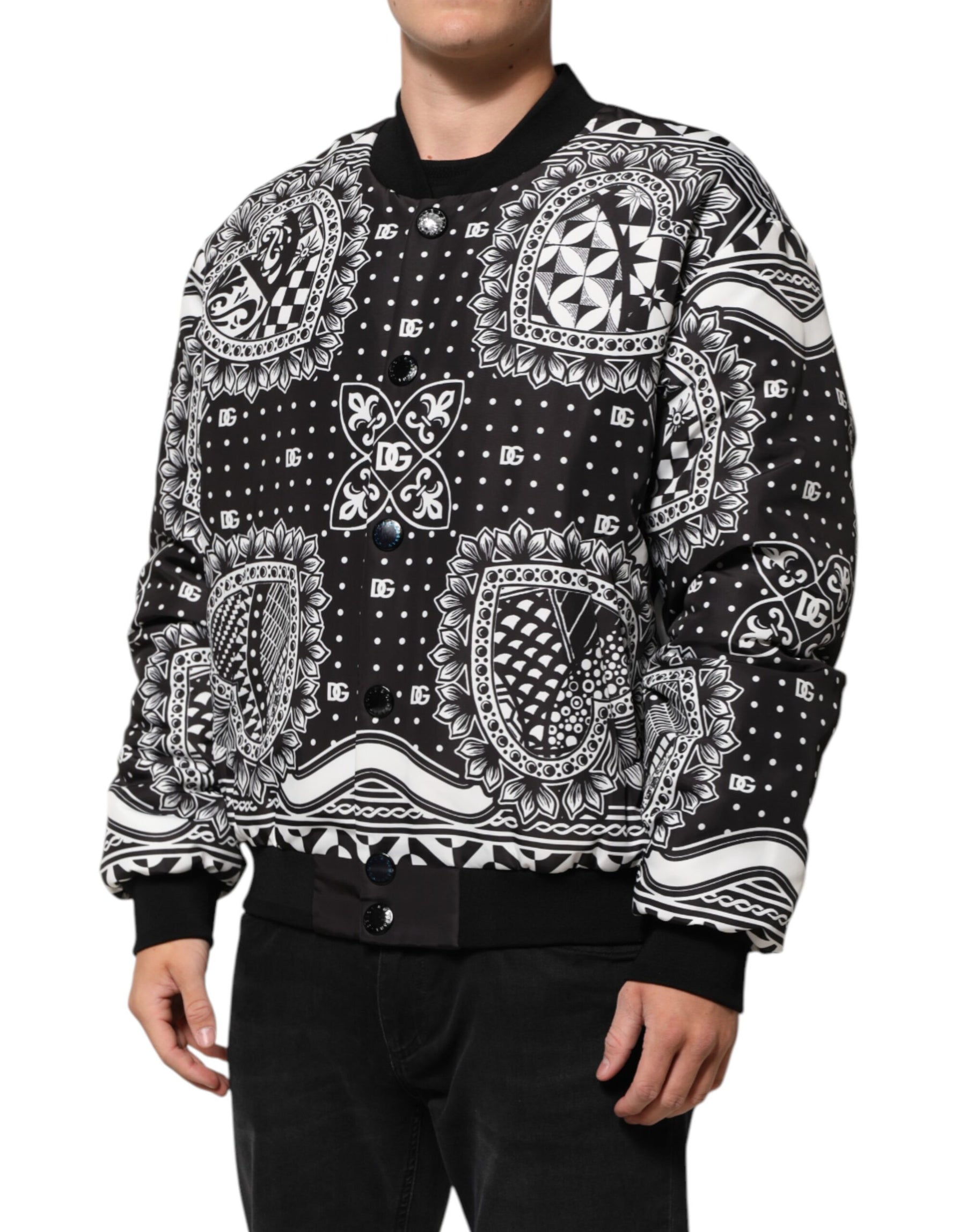 Dolce & Gabbana Black White Bandana Print Bomber Jacket | Regal Royce