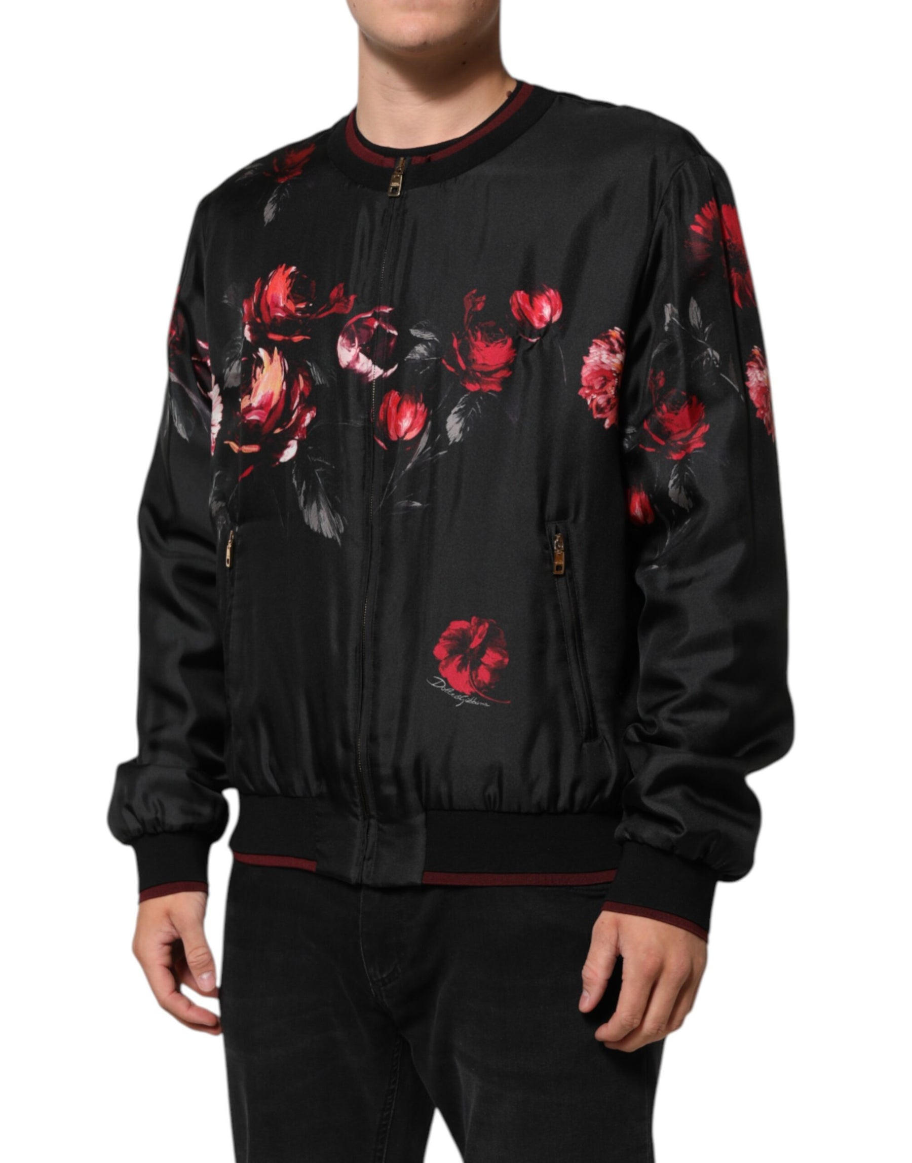 Dolce & Gabbana Black Red Floral Silk Bomber Blouson Jacket | Regal Royce