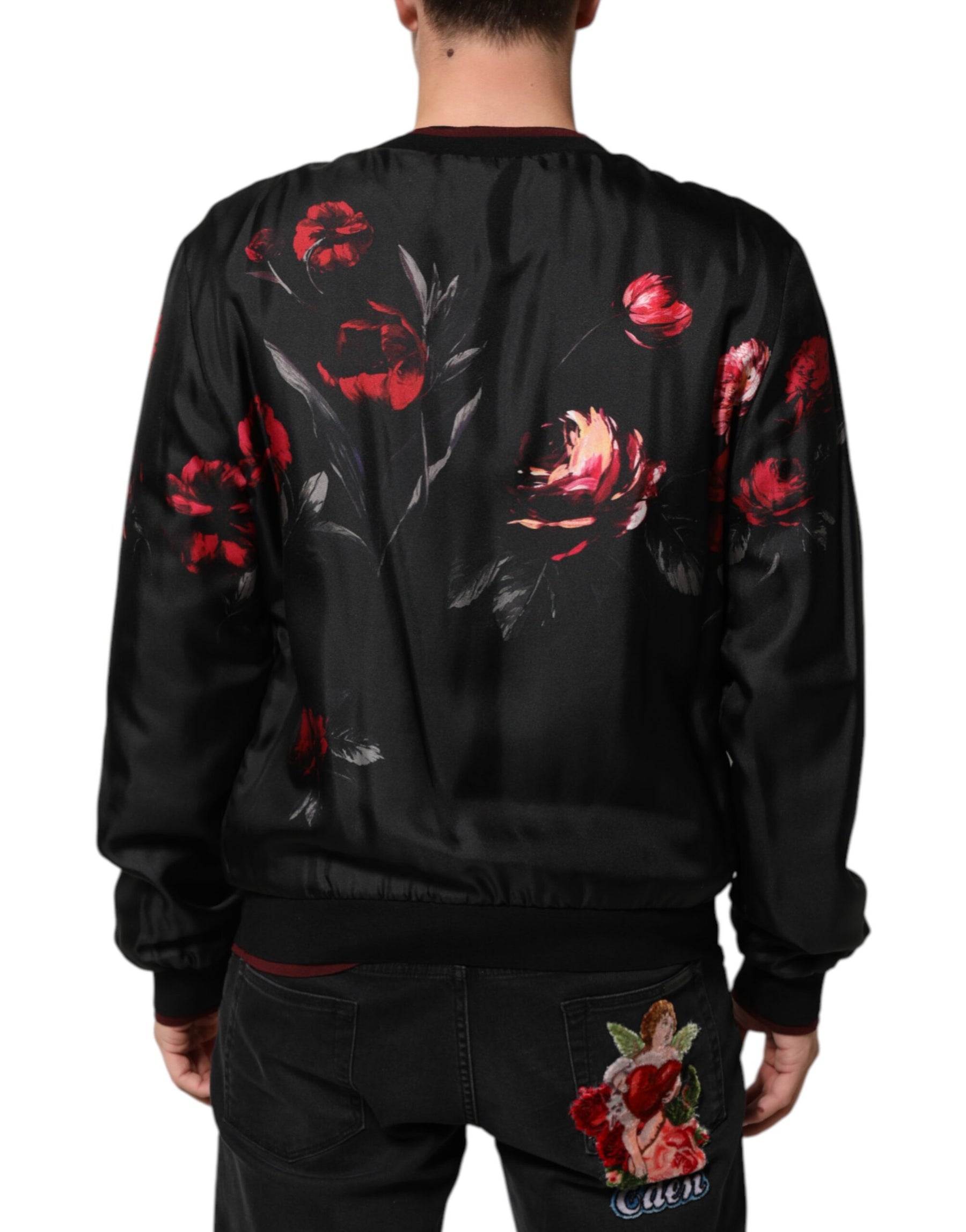 Dolce & Gabbana Black Red Floral Silk Bomber Blouson Jacket | Regal Royce