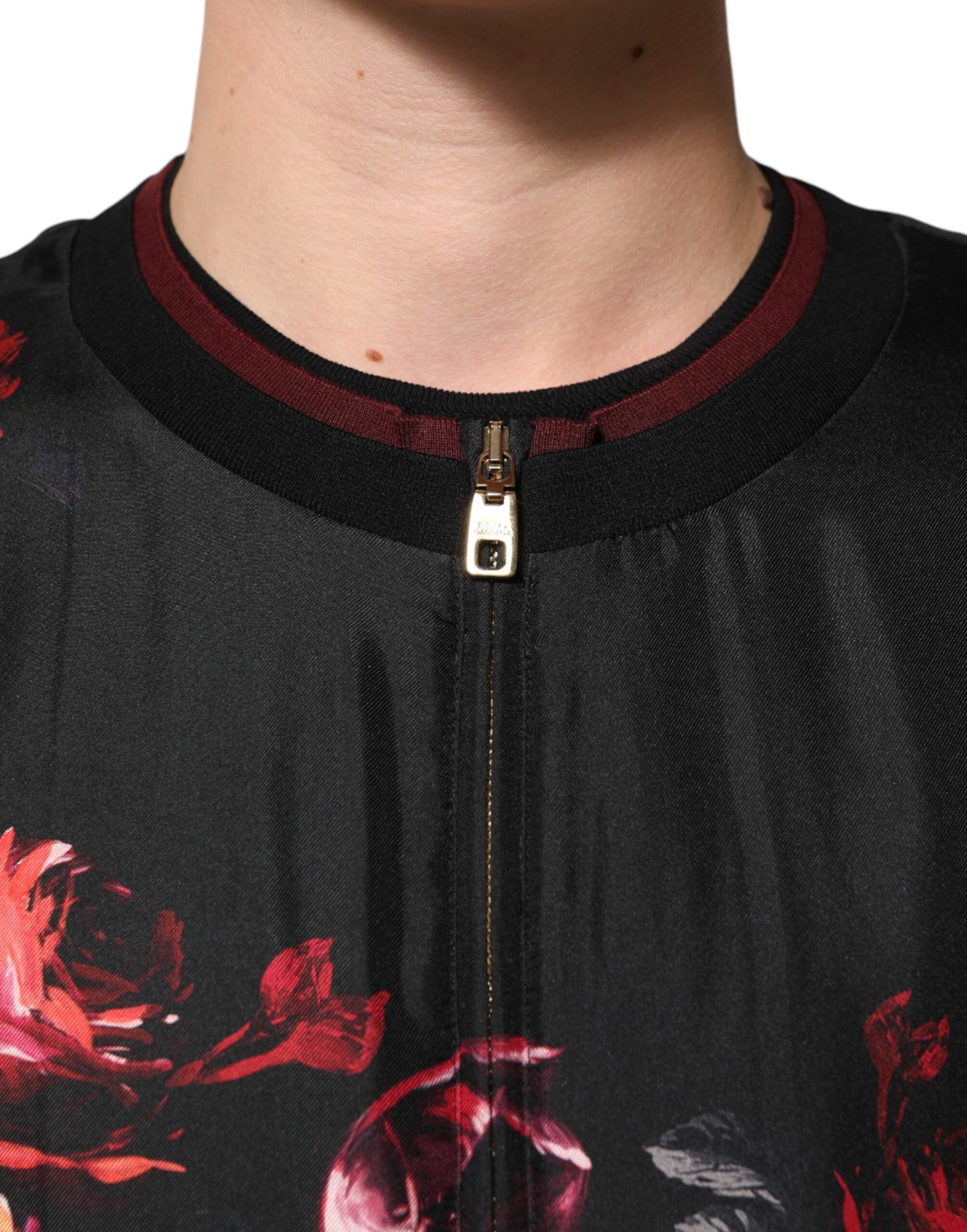 Dolce & Gabbana Black Red Floral Silk Bomber Blouson Jacket | Regal Royce