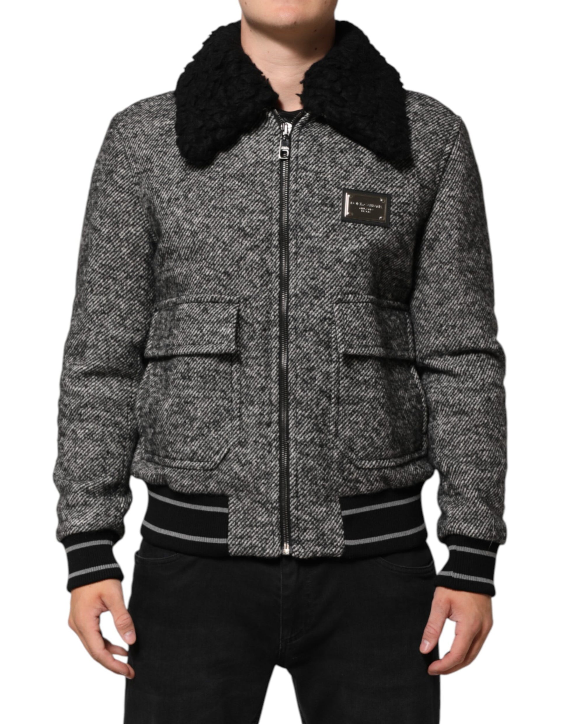 Dolce & Gabbana Gray Wool Herringbone Shearling Collar Bomber Jacket