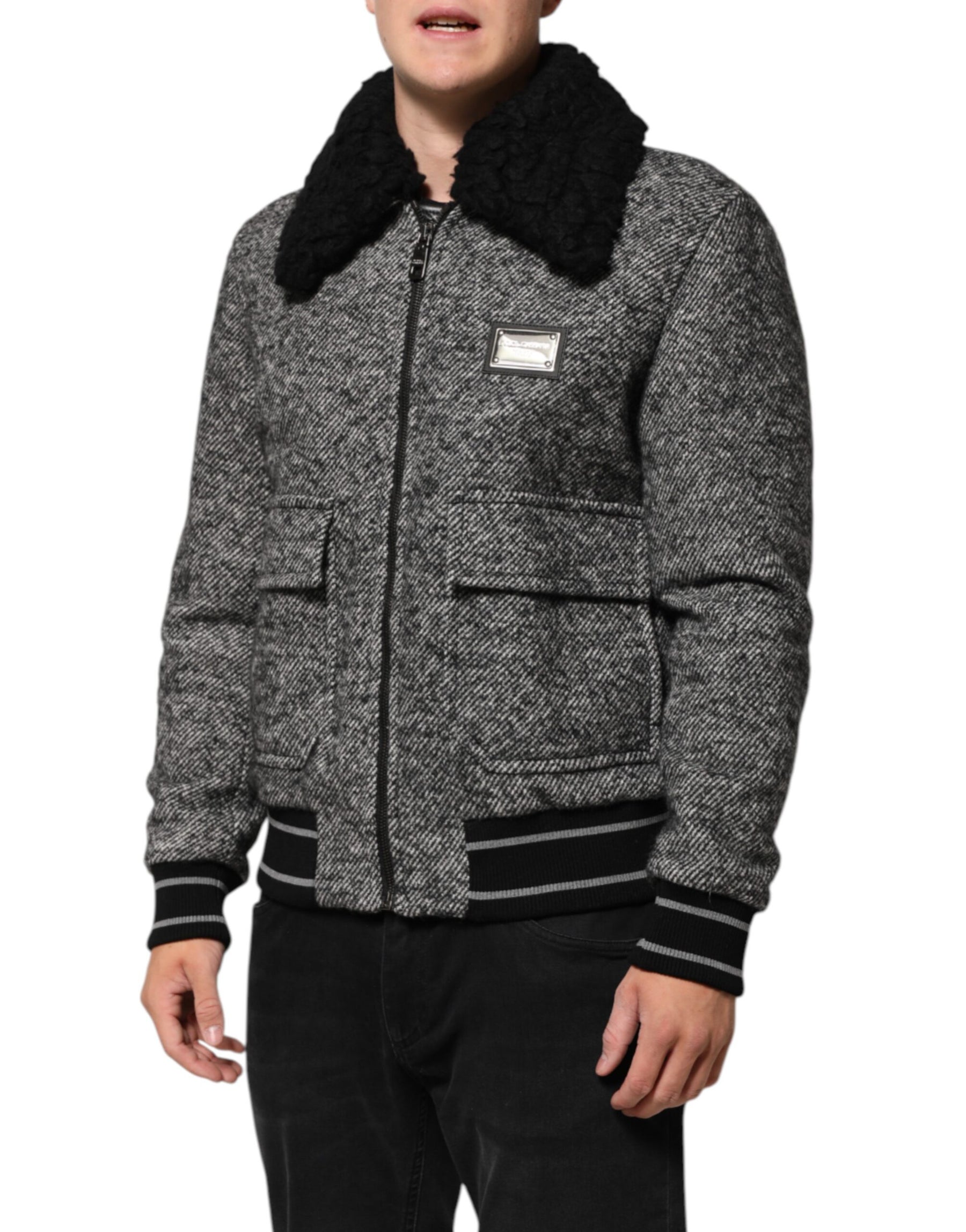 Dolce & Gabbana Gray Wool Herringbone Shearling Collar Bomber Jacket | Regal Royce