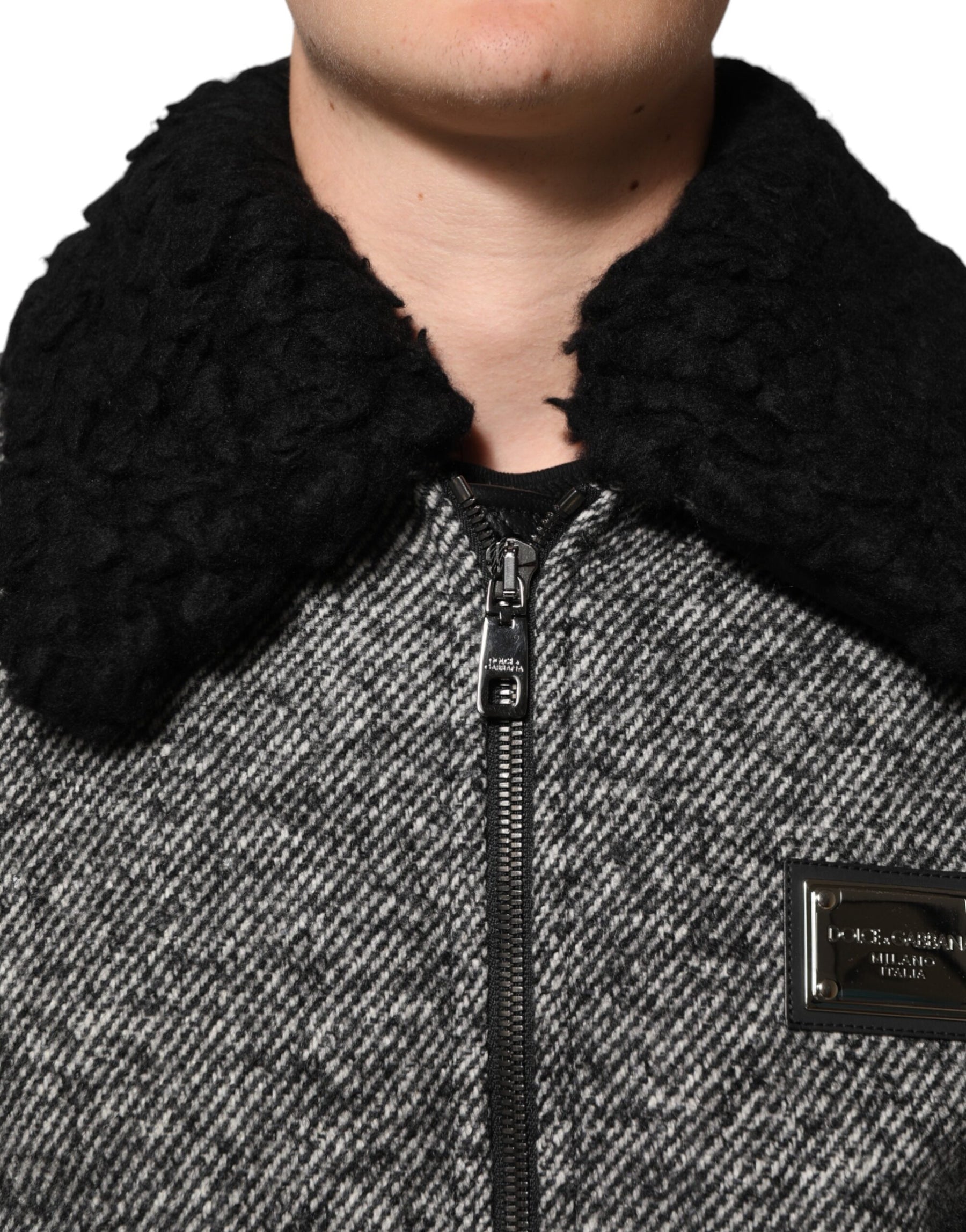 Dolce & Gabbana Gray Wool Herringbone Shearling Collar Bomber Jacket | Regal Royce