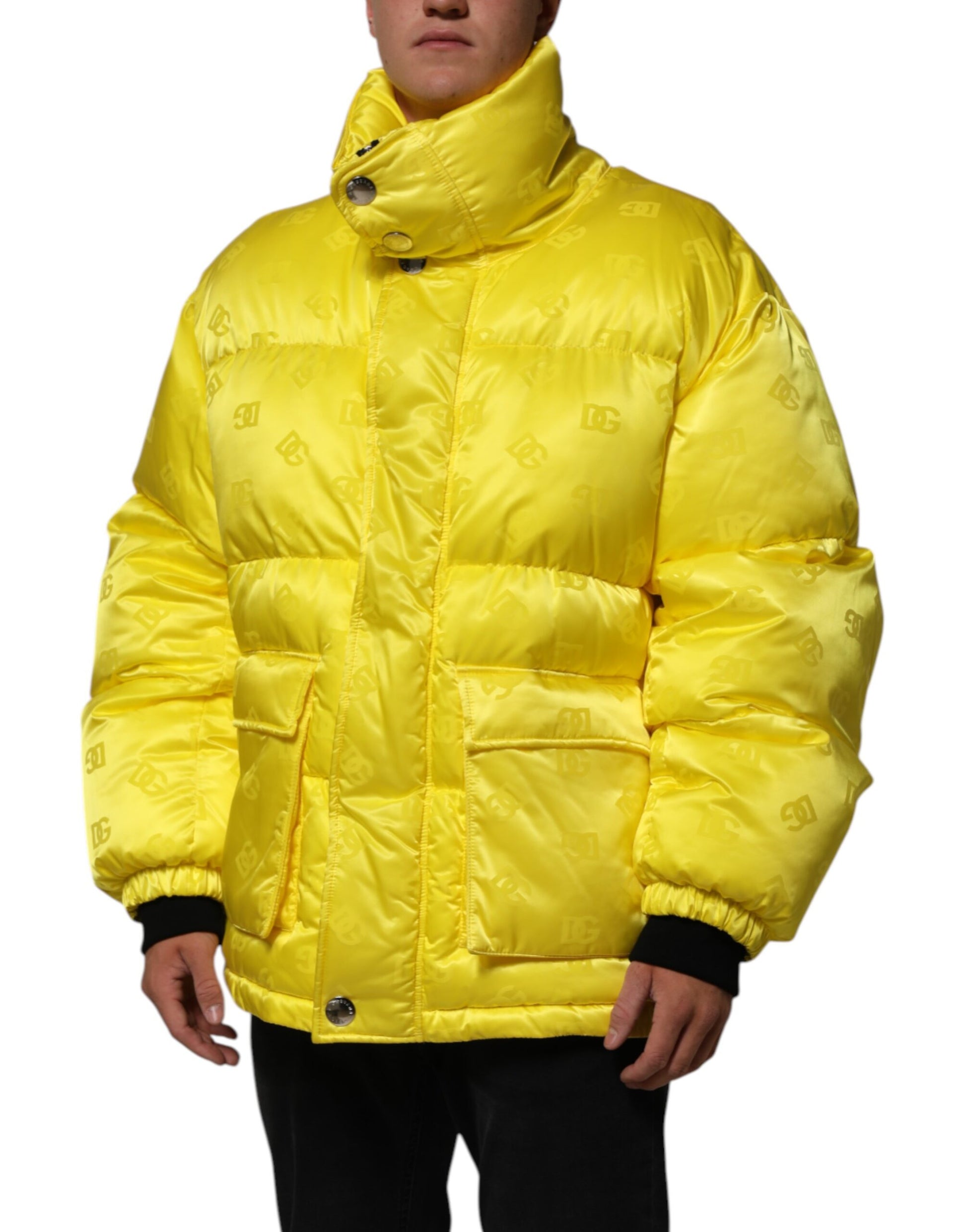 Dolce & Gabbana Yellow Nylon Logo Puffer Bomber Men Jacket