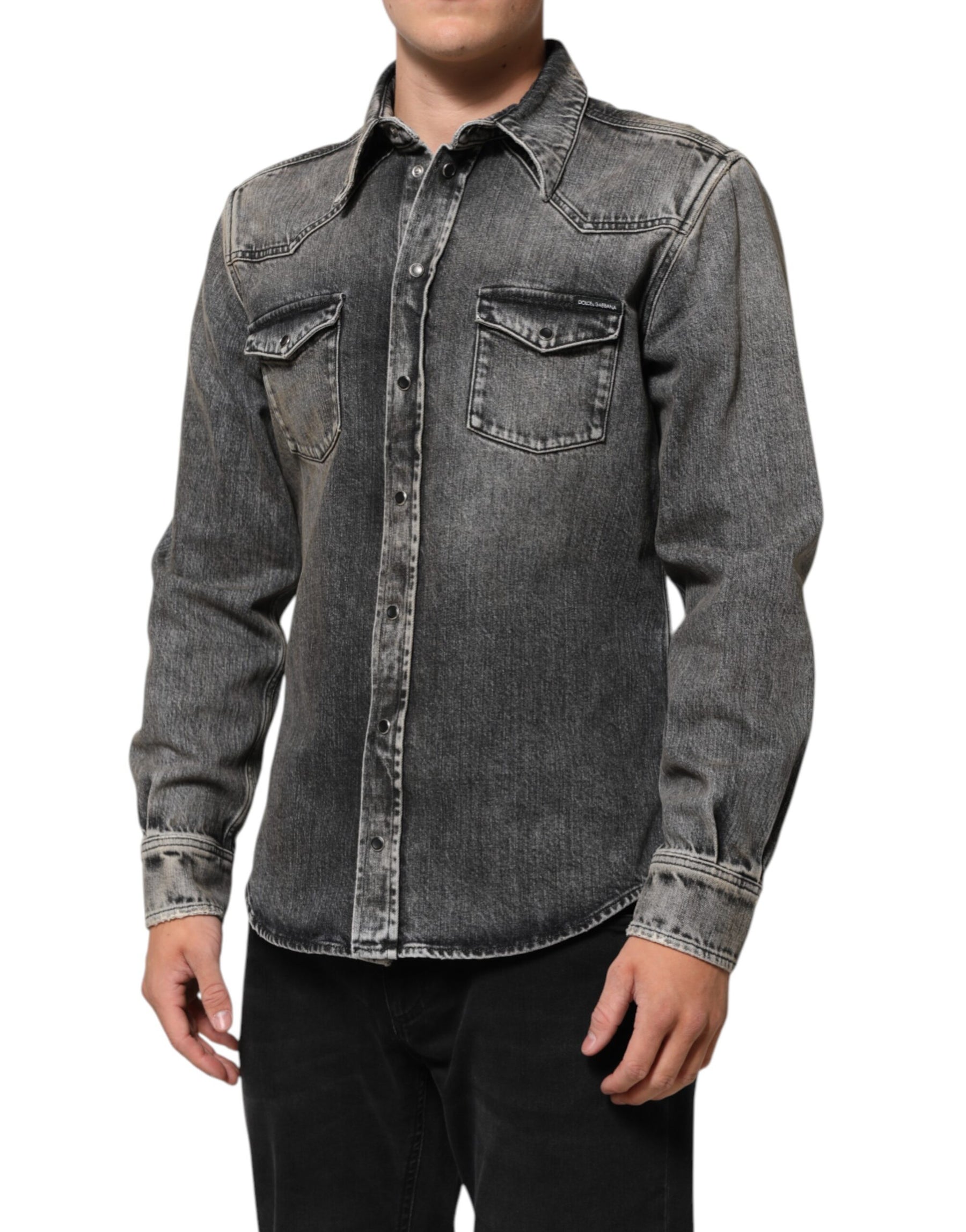 Dolce & Gabbana Black Washed Cotton Snap Long Sleeve Casual Shirt | Regal Royce
