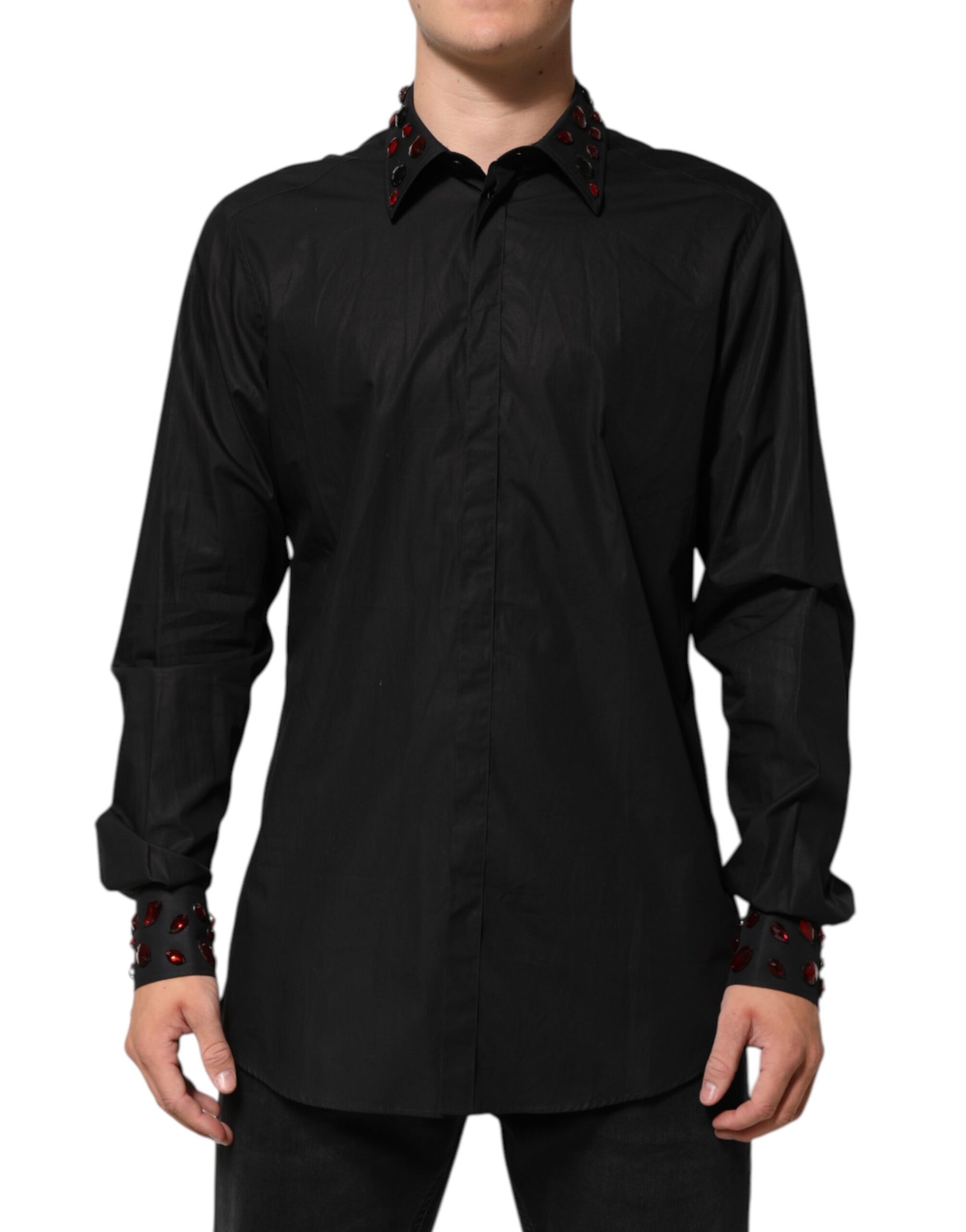 Dolce & Gabbana Black Cotton Embellished Collar Men’s Shirt | Regal Royce